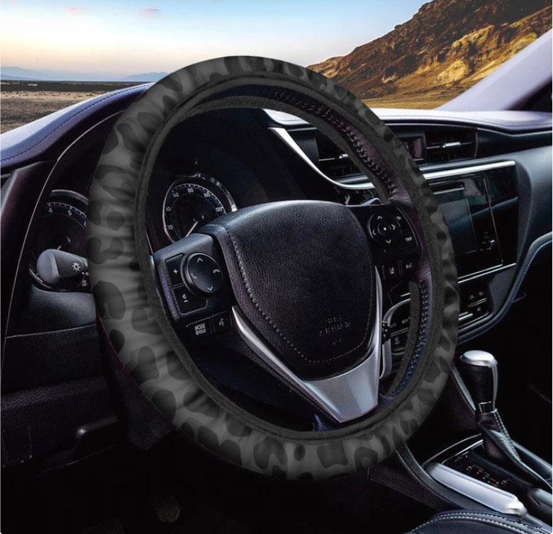 Leopard Print Car Steering Wheel Cover - Black Design