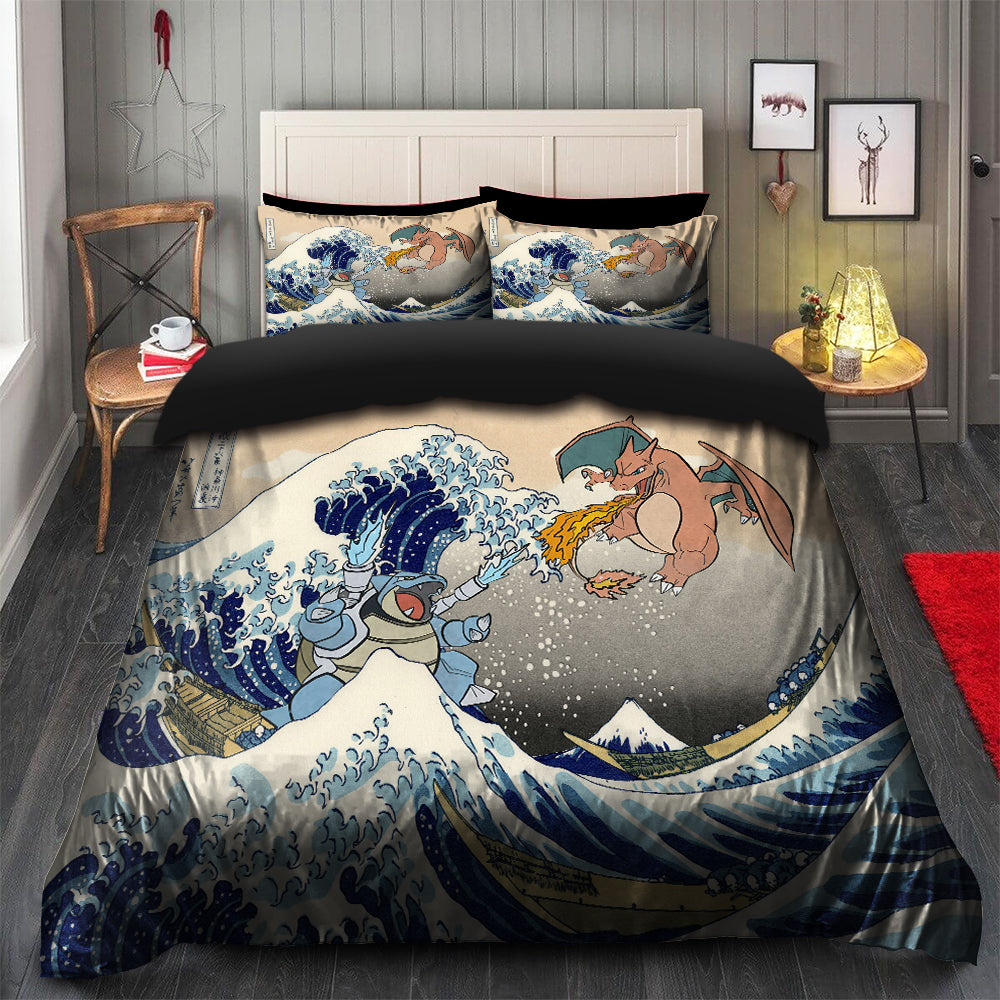 Pokemon Blastoise Charizard Great Wave Japan Bedding Set Duvet &