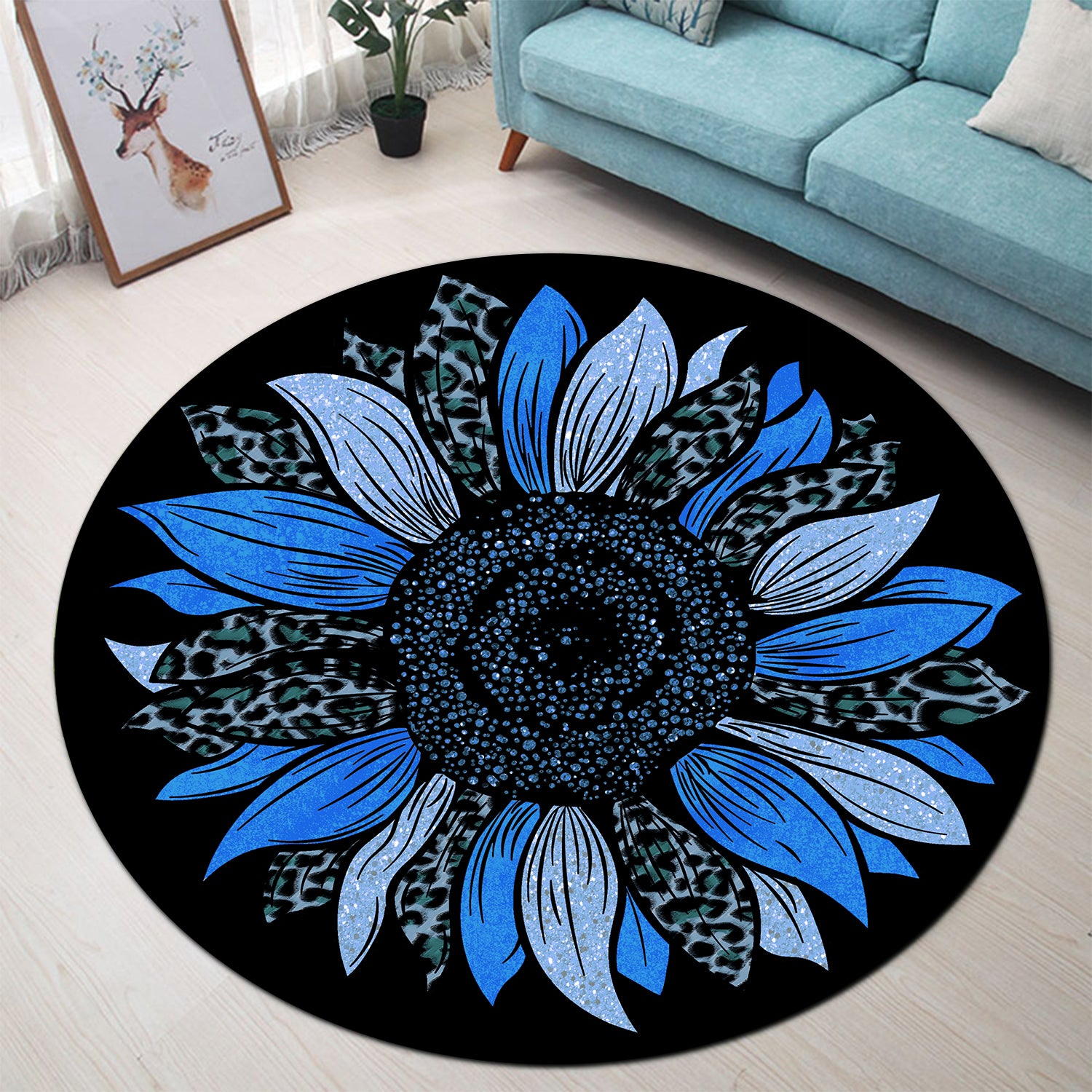 Blue Cheetah Sunflower Round Rug for Bedroom and Living Room Decor