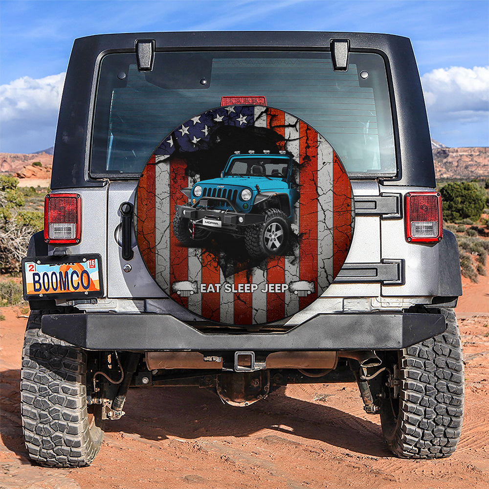 Blue Jeep American Flag Spare Tire Covers for Campers and Travelers