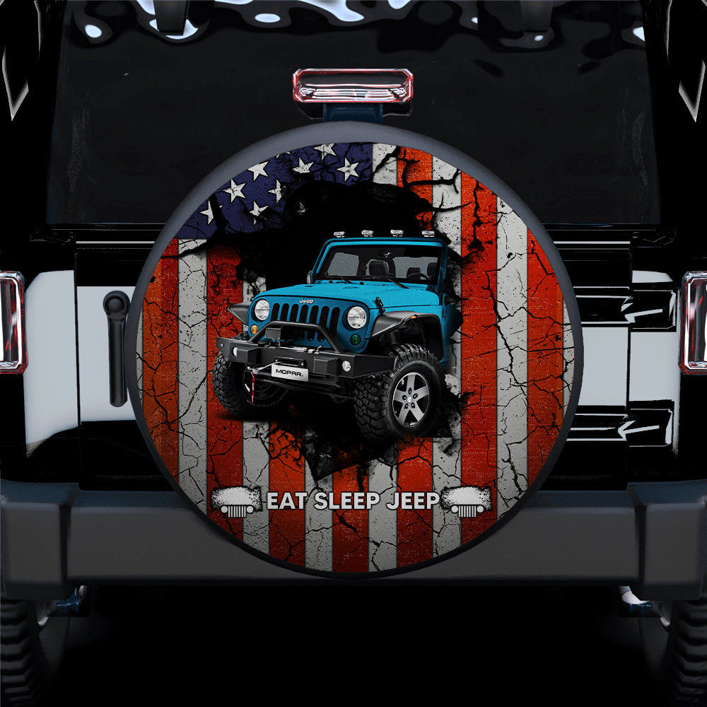 Blue Jeep American Flag Spare Tire Covers for Campers and Travelers