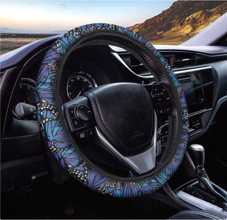 Monarch Butterfly Wings Print Blue Car Steering Wheel Cover 7212
