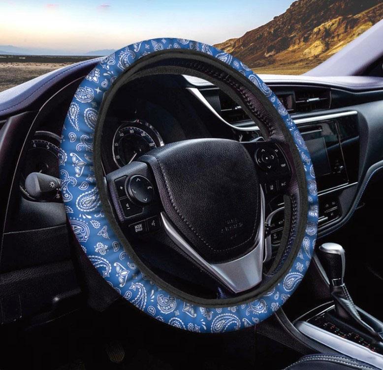 Blue Paisley Car Steering Wheel Cover with Pattern Print 7212