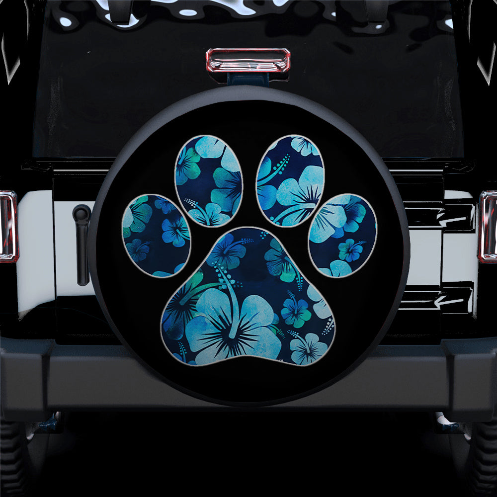 Blue Paw Print Hibiscus Jeep Spare Tire Cover Gift for Campers