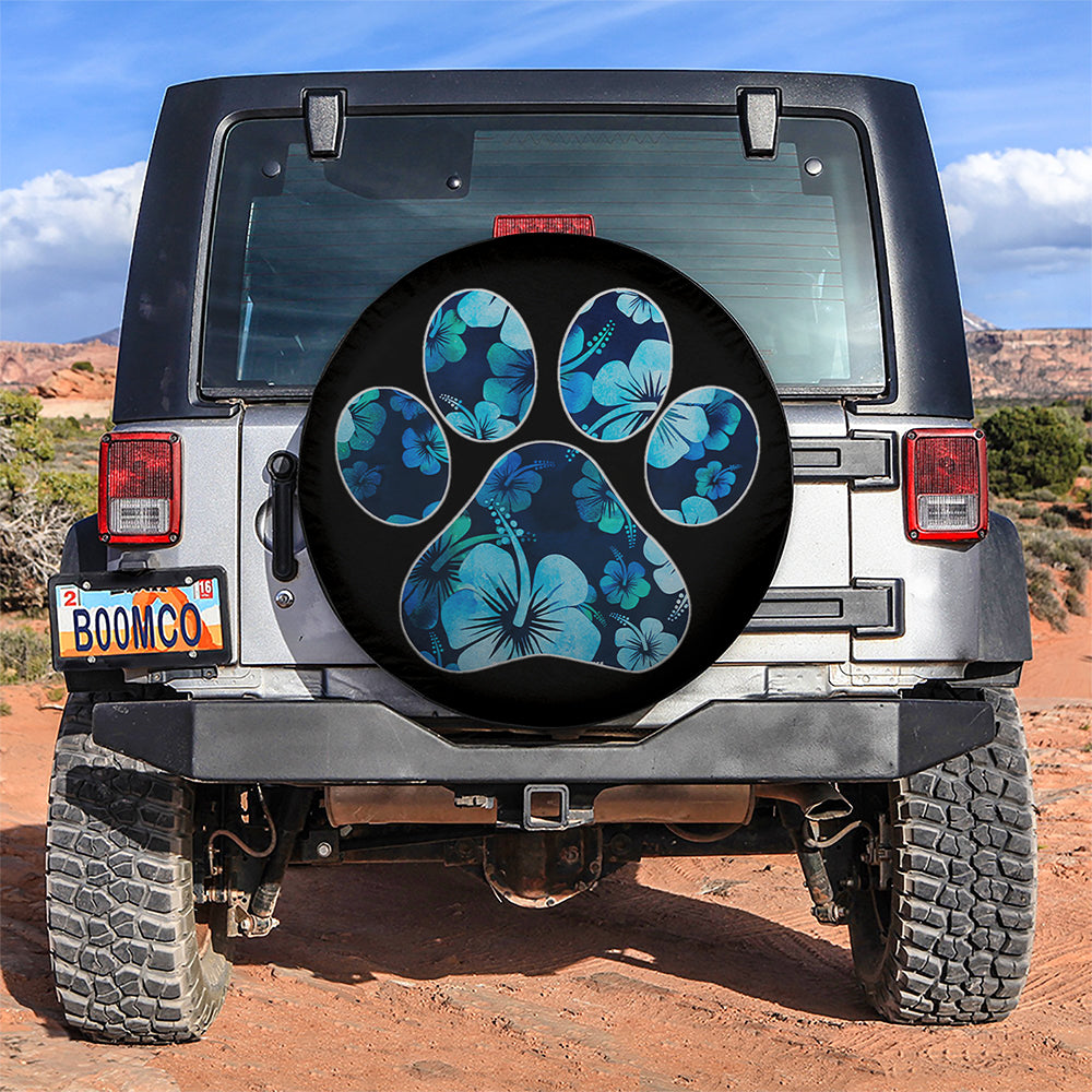 Blue Paw Print Hibiscus Jeep Spare Tire Cover Gift for Campers