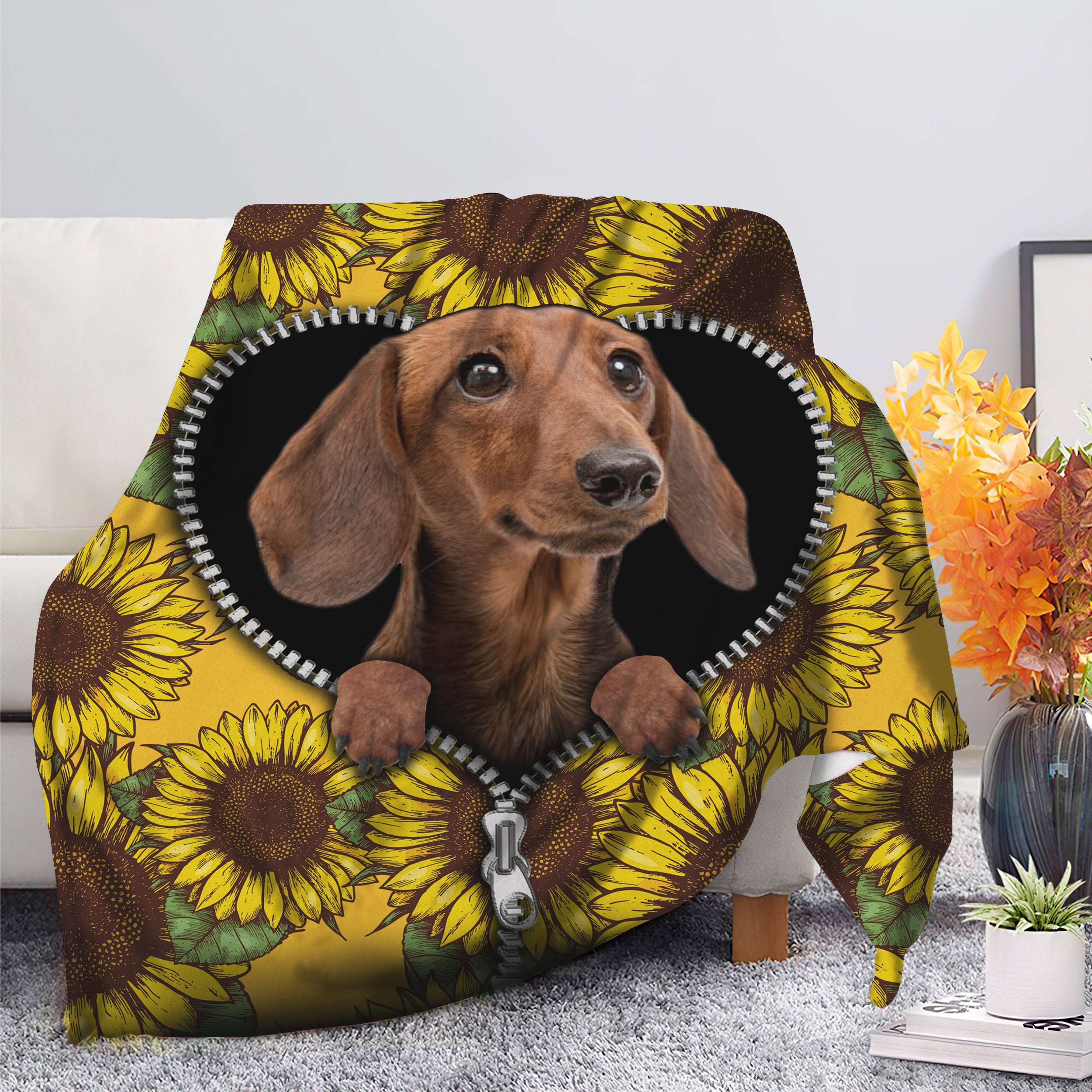 Brown Dachshund Print Sunflower Zippered Premium Blanket