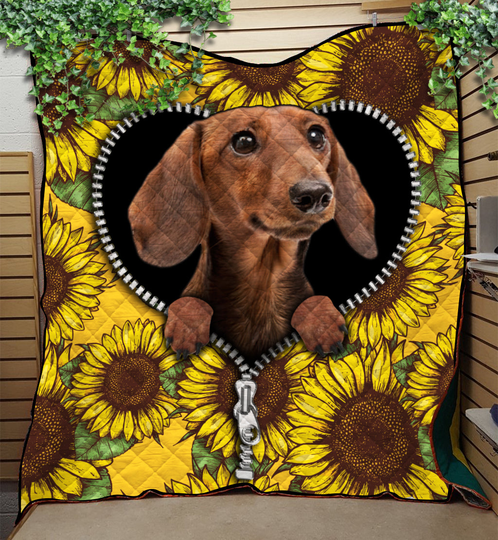 Brown Dachshund Quilt Blanket with Sunflower Design Zippered Closure