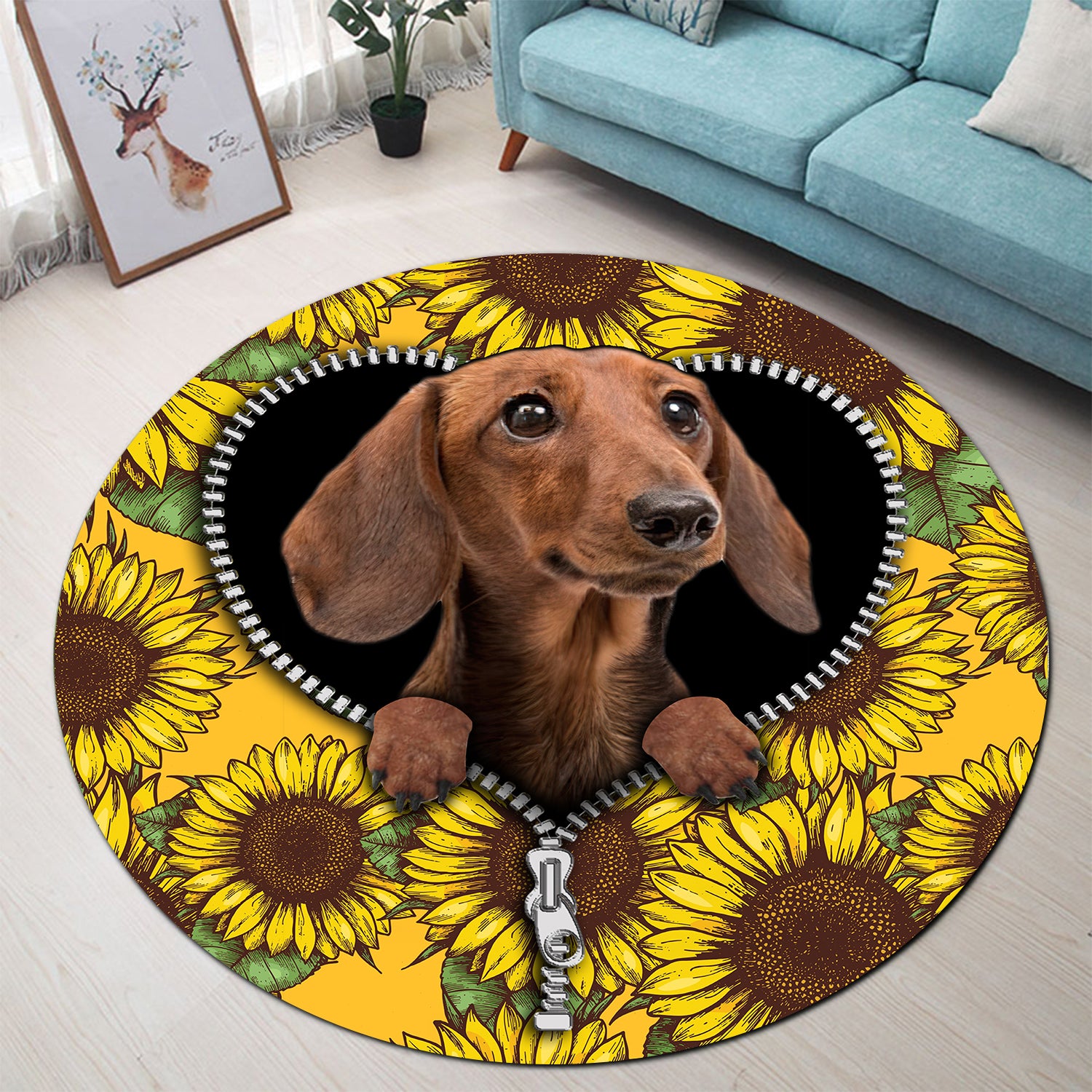 Brown Dachshund Sunflower Round Carpet Rug for Bedroom Living Room