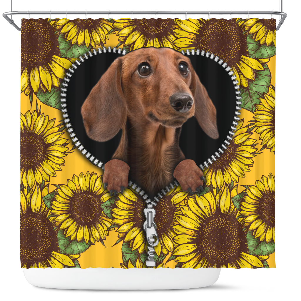 Brown Dachshund Shower Curtain with Sunflower Design, Zipper Style