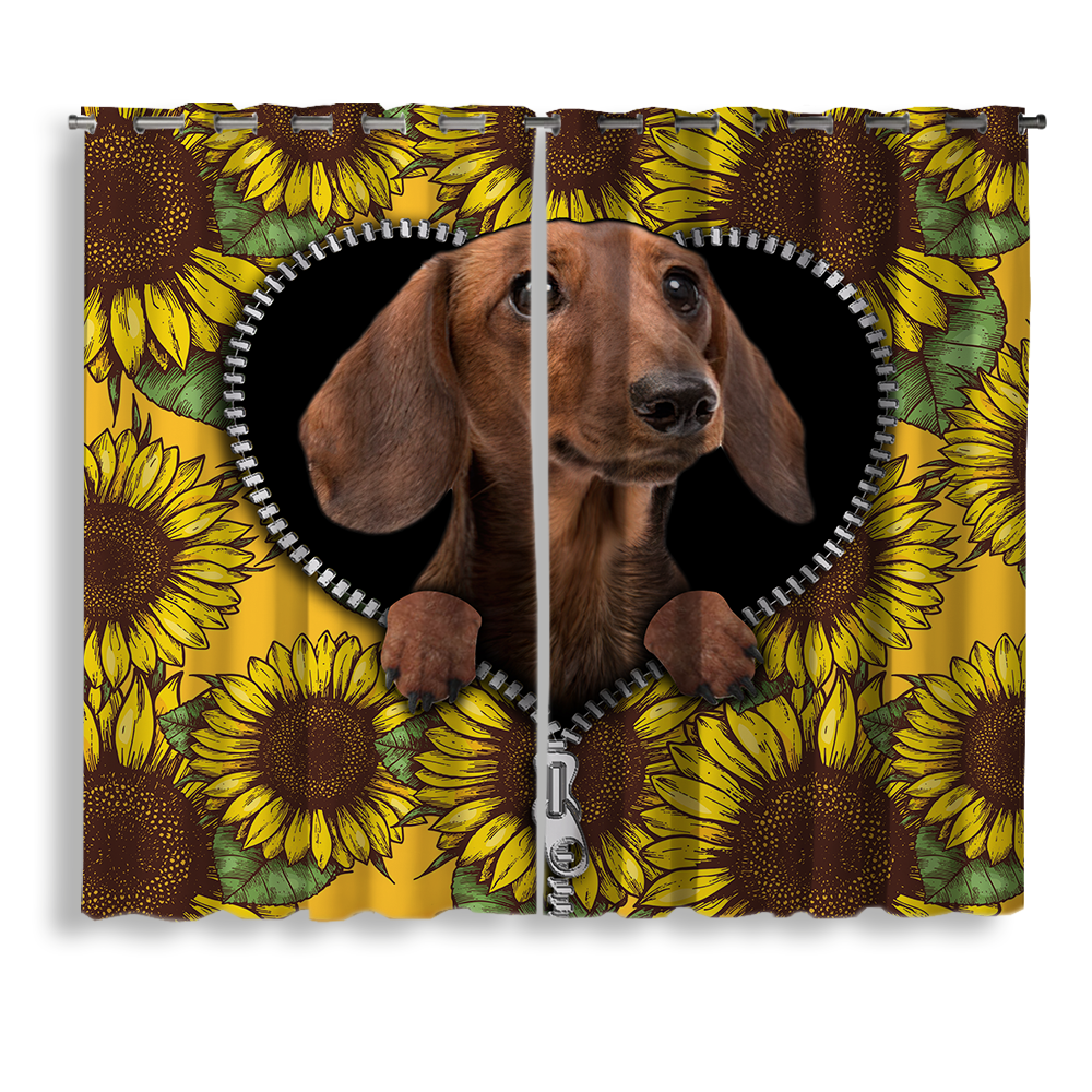 Brown Dachshund Sunflower Pattern Zipper Window Curtains