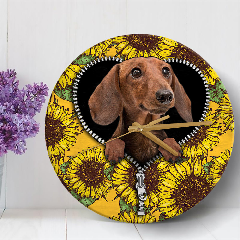 Brown Dachshund Wall Clock with Sunflower Design in Wood Finish