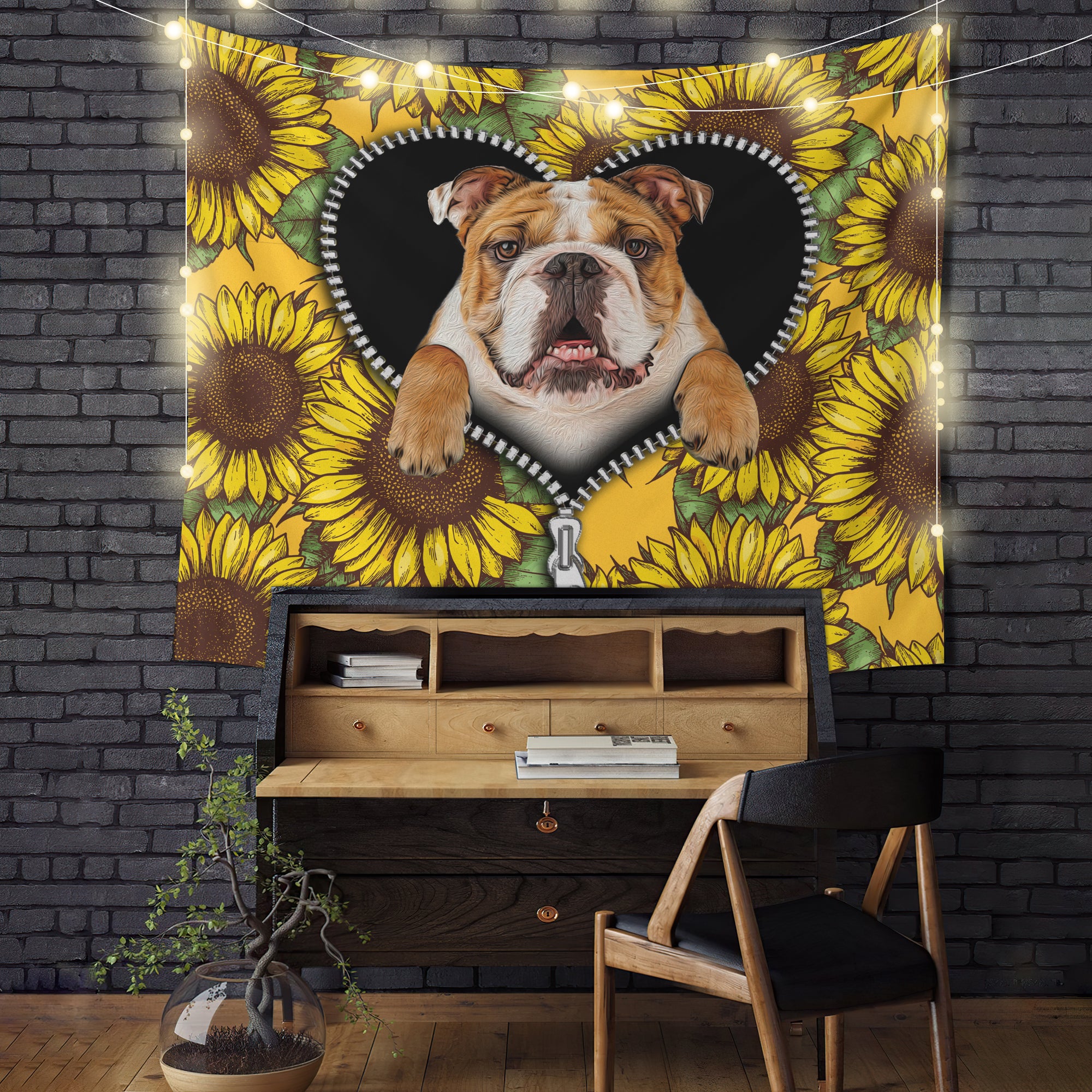 Sunflower Bull Dog Zipper Tapestry for Stylish Room Decor