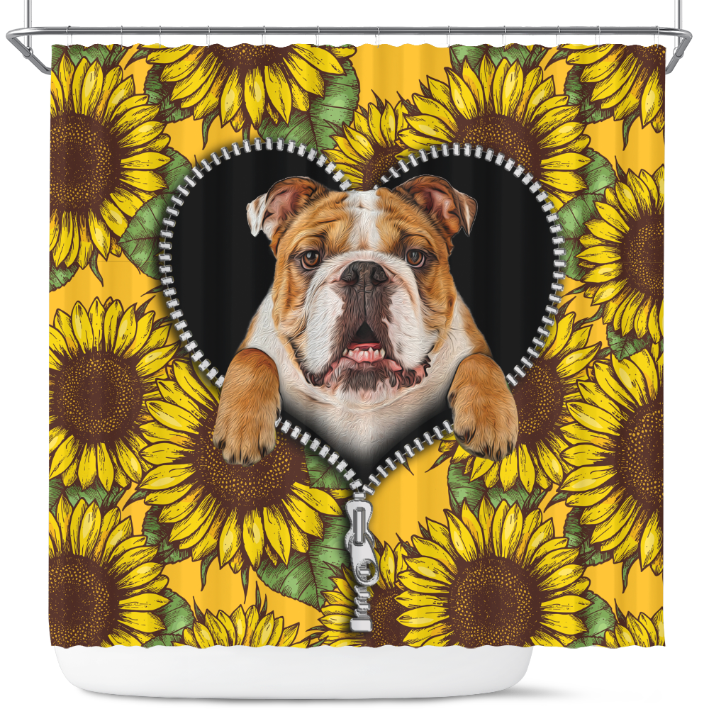 Bulldog Sunflower Design Zipper Shower Curtain for Home Decor