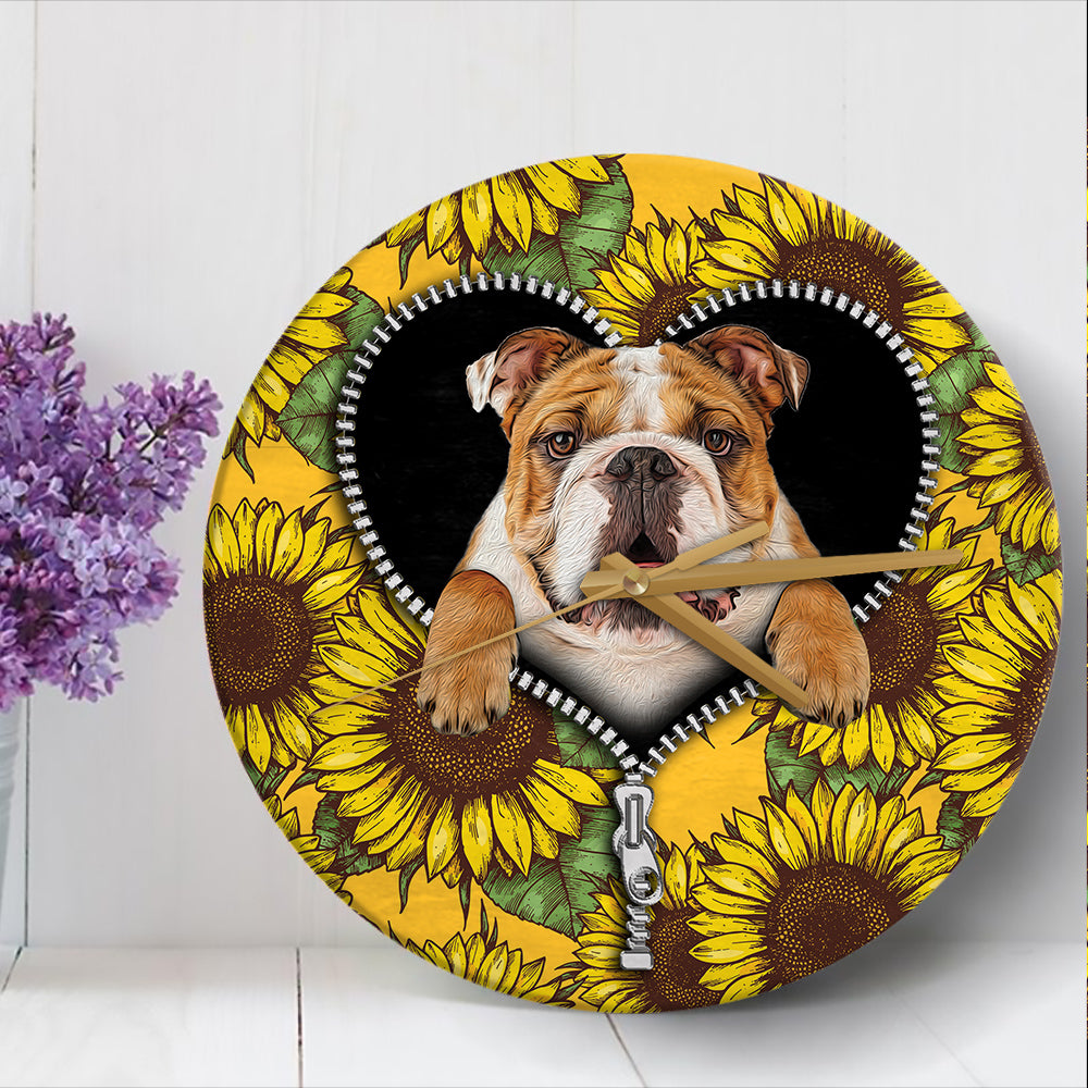 Bulldog Sunflower Wall Clock - Zipper Wood Design Decor