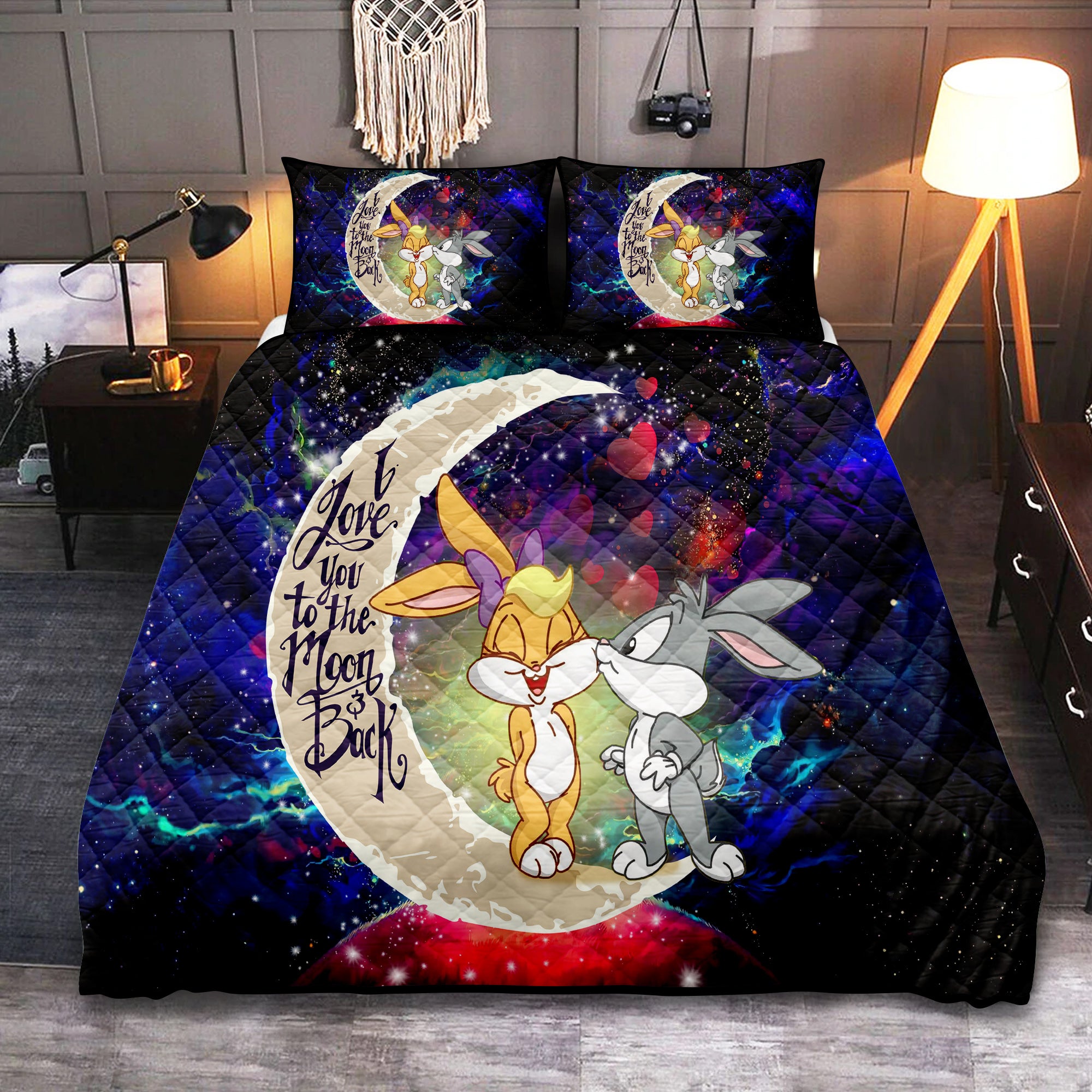 Bunny Couple Galaxy Quilt Bed Set - Love You To The Moon Design