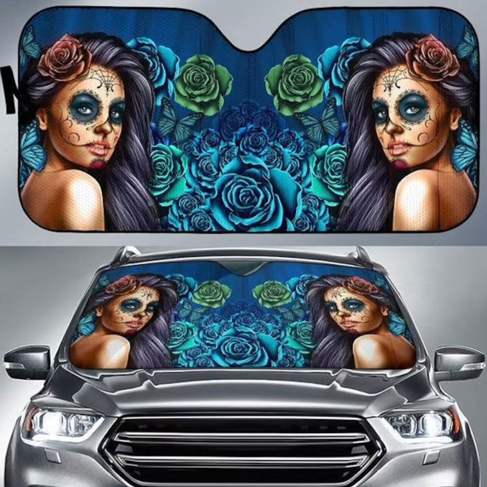 Calavera Girl Blue Auto Sun Shades Windshield Accessories Gift