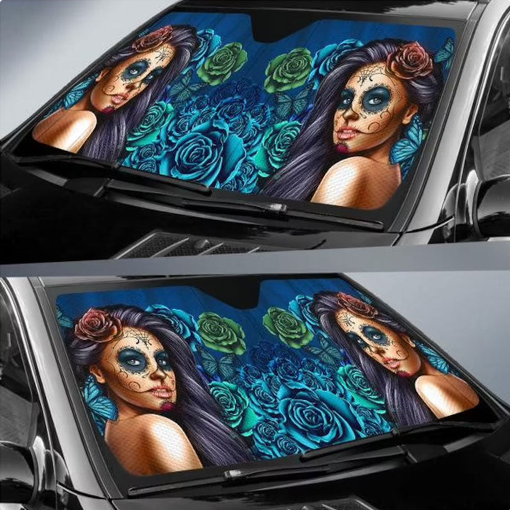 Calavera Girl Blue Auto Sun Shades Windshield Accessories Gift