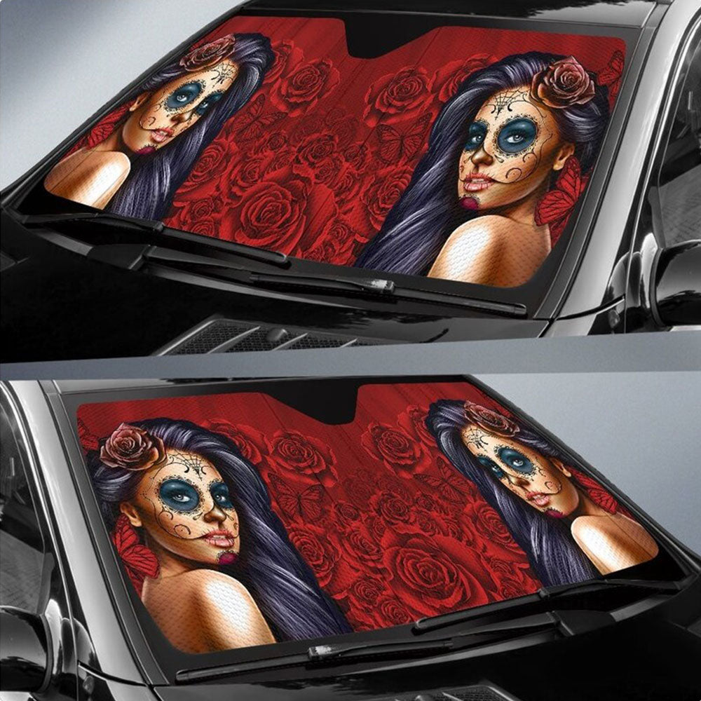 Red Calavera Girl Car Sun Shades Windshield Accessories Decor Gift