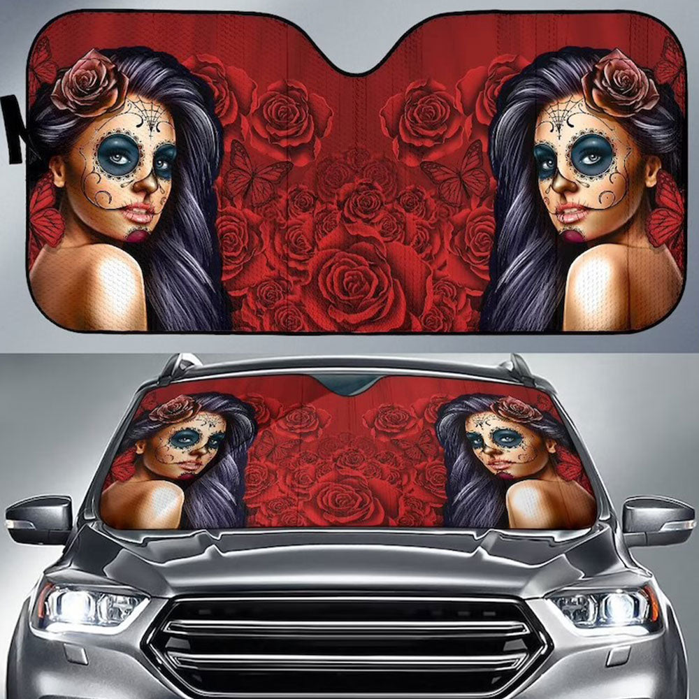 Red Calavera Girl Car Sun Shades Windshield Accessories Decor Gift