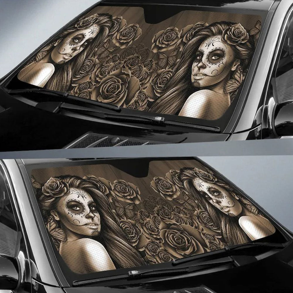 Sepia Calavera Girl Car Auto Sun Shades Windshield Accessories Decor