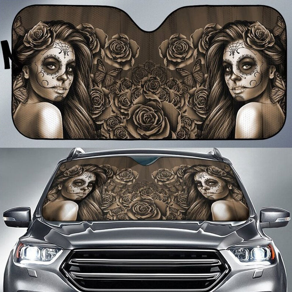 Sepia Calavera Girl Car Auto Sun Shades Windshield Accessories Decor