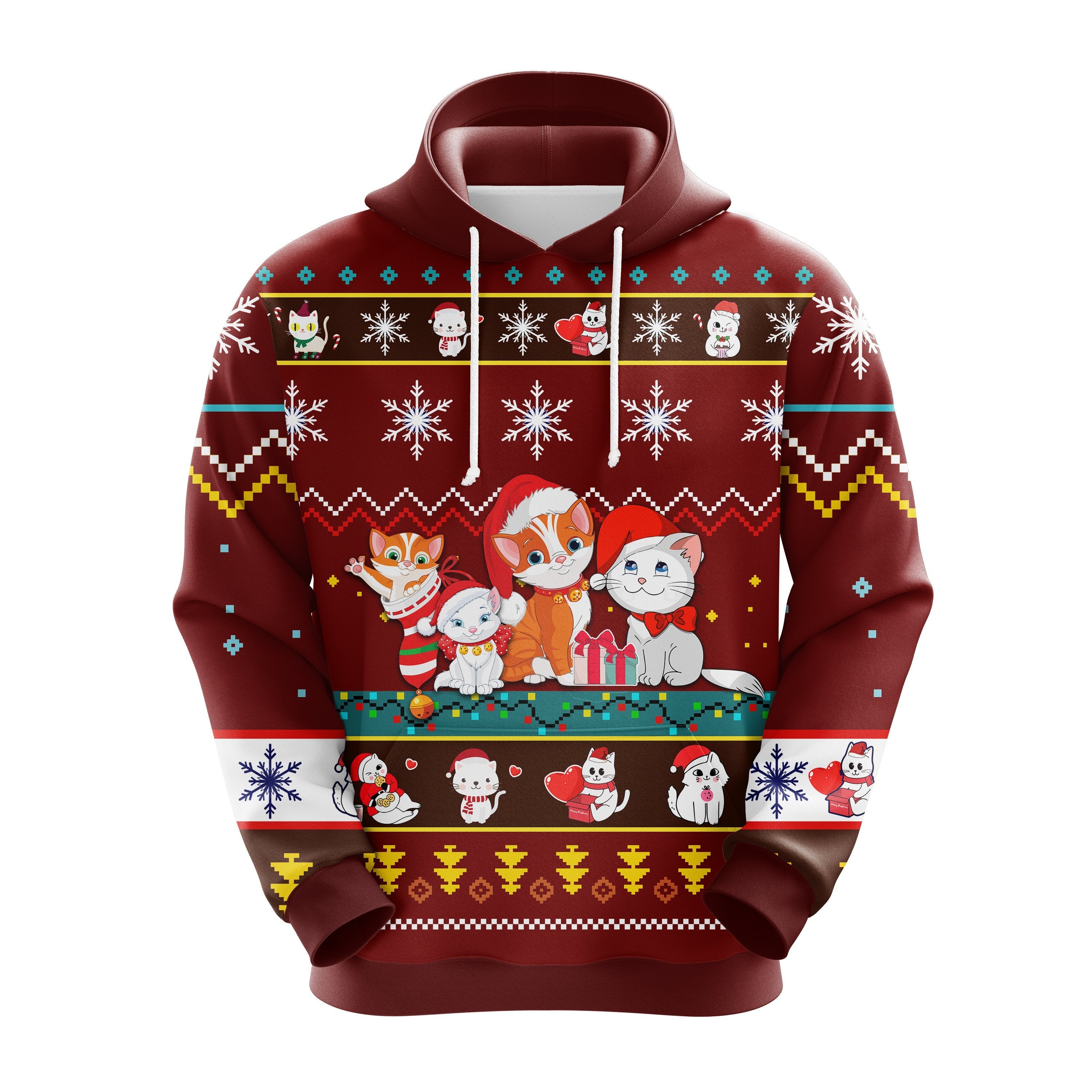 Cute Cat Christmas Hoodie - Ugly Christmas Sweater - Red