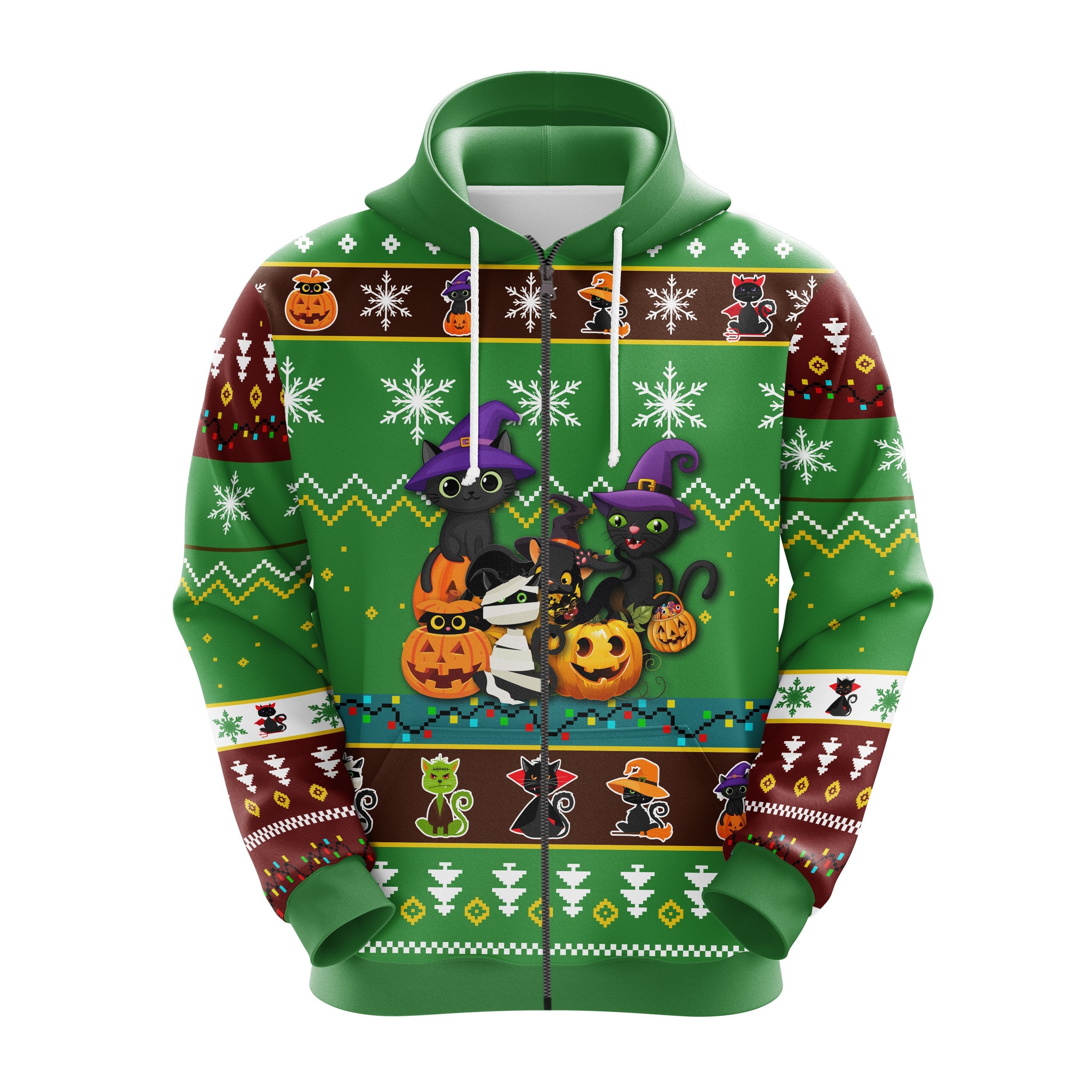 Cute Cat Halloween Hoodie Zip Blue - Amazing Thanksgiving Gift