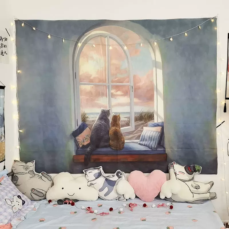 Cats Beside Window Tapestry for Cozy Room Decor Cats