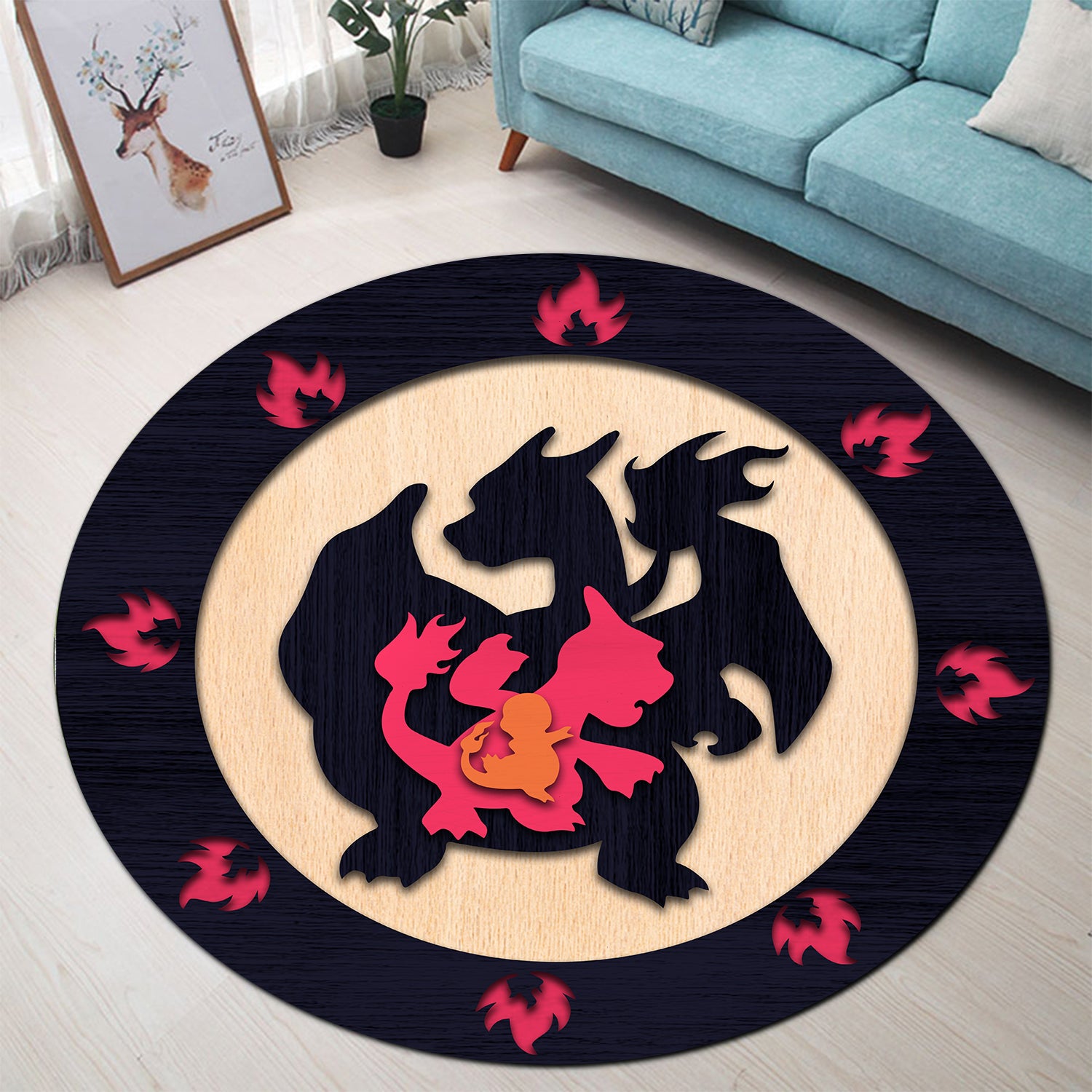 Charizard Pokemon Evolution Round Carpet Rug for Bedroom Living Room