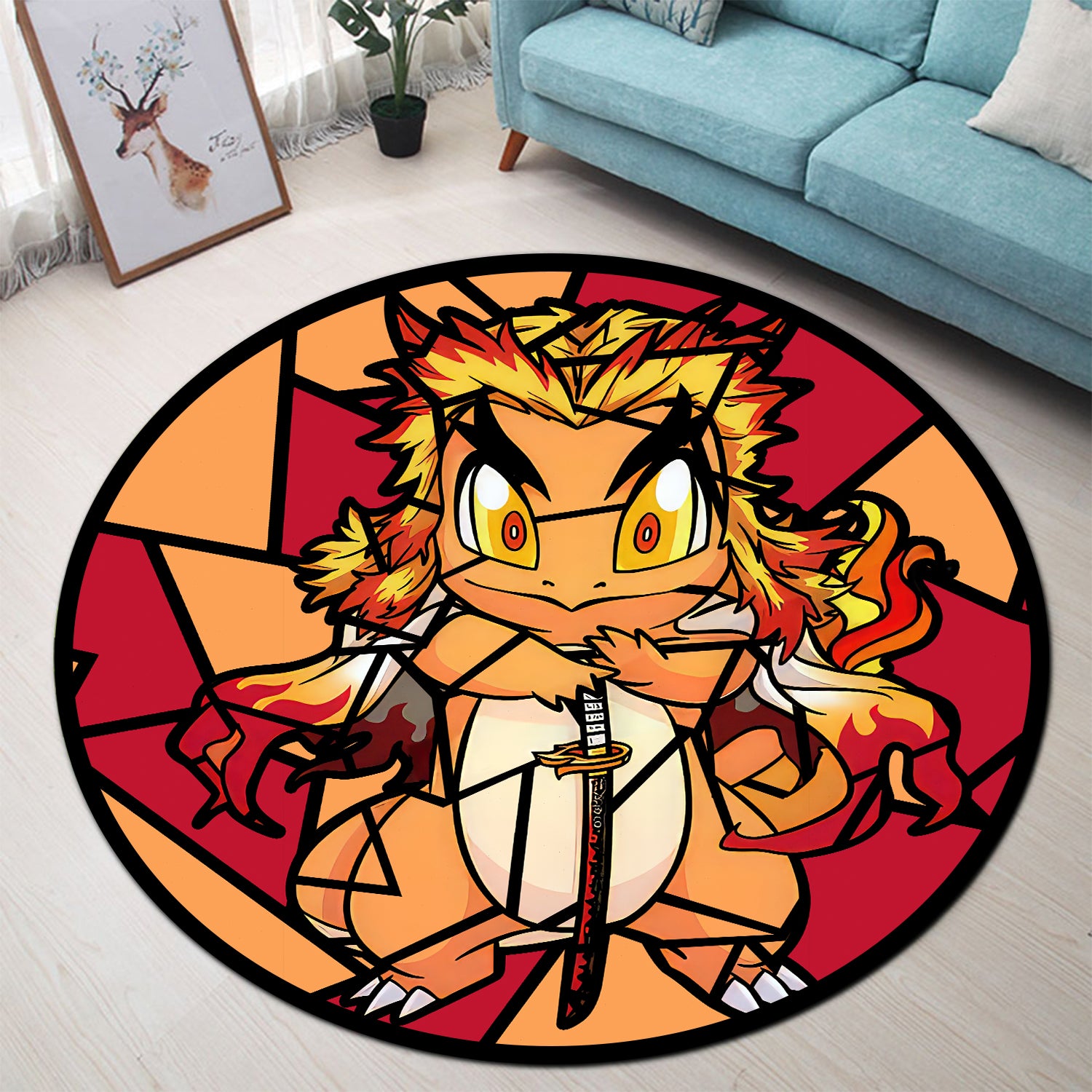 Charmander Pokemon Stained Glass Round Rug for Bedroom Living Room