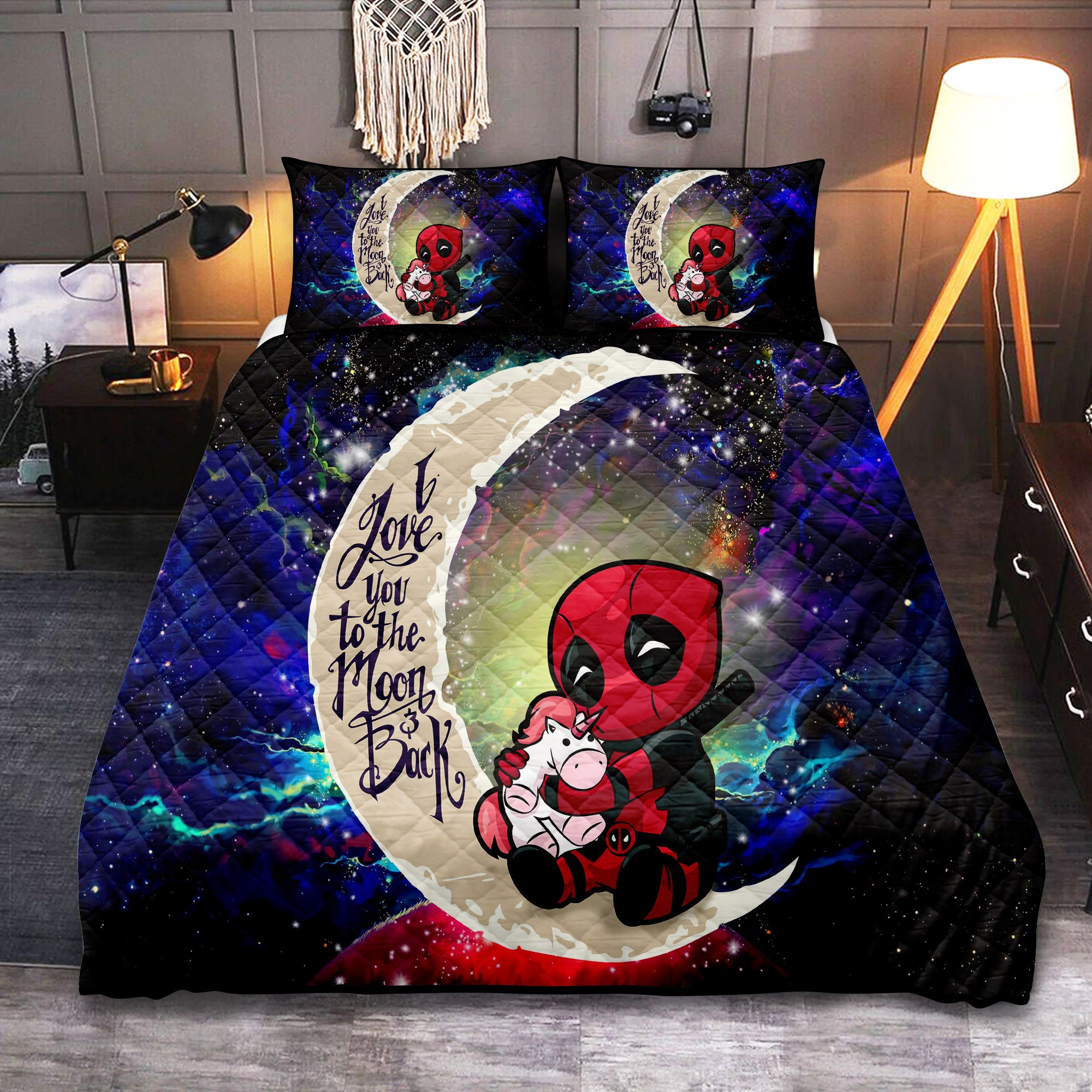 Deadpool Unicorn Galaxy Quilt Bed Set - Love You To The Moon