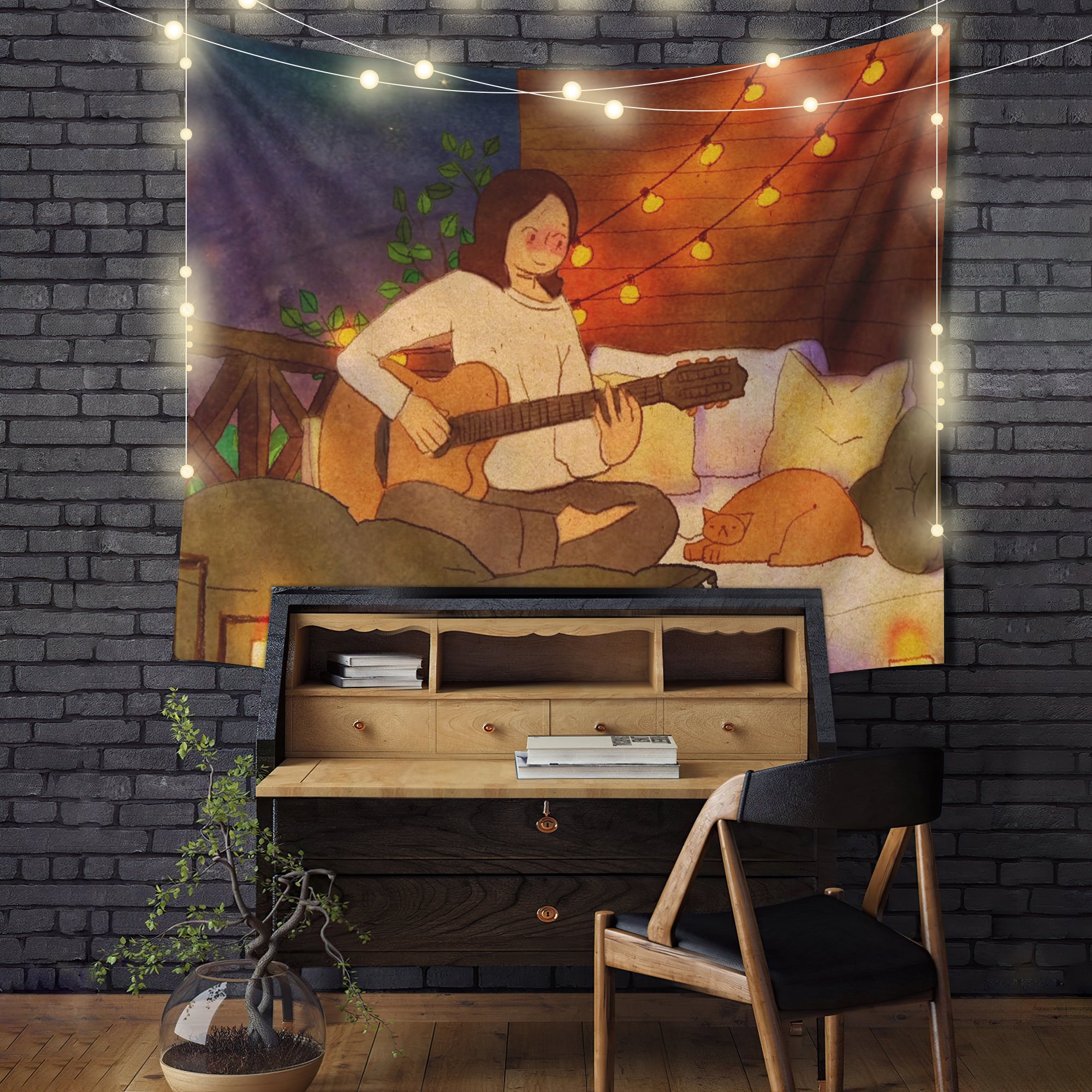 Lofi Chill Girl Cat Tapestry Wall Art Room Decor Chill