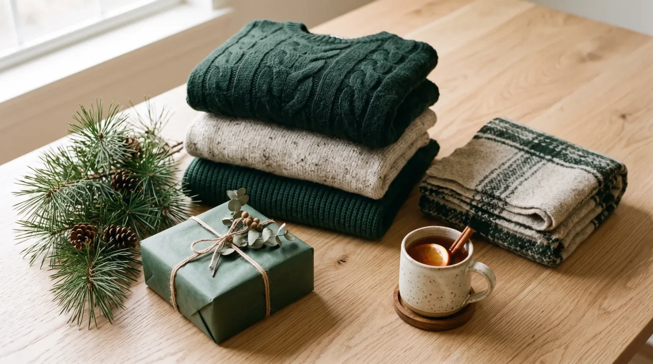 Christmas shipping cutoff announcement ,: festive flat lay of folded knit sweaters, pine sprigs and a wrapped gift box