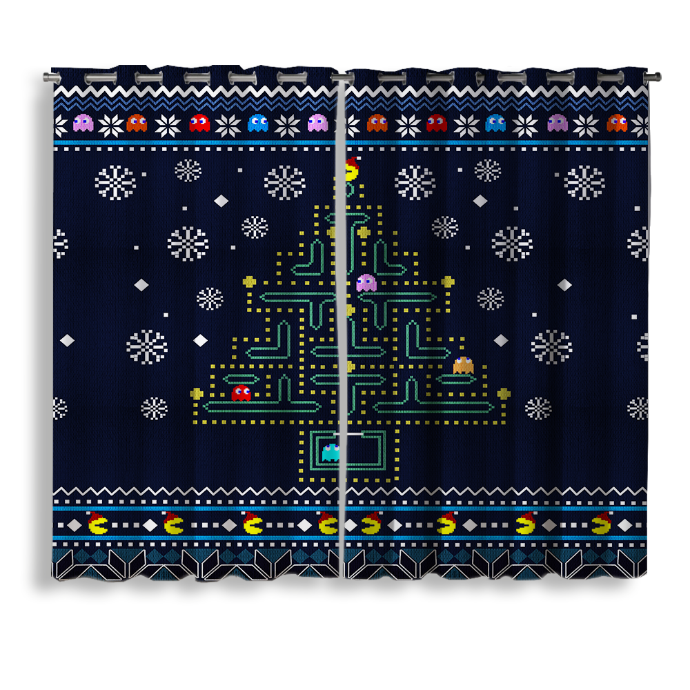 Christmas Tree Pacman Design Window Curtain for Holiday Decor