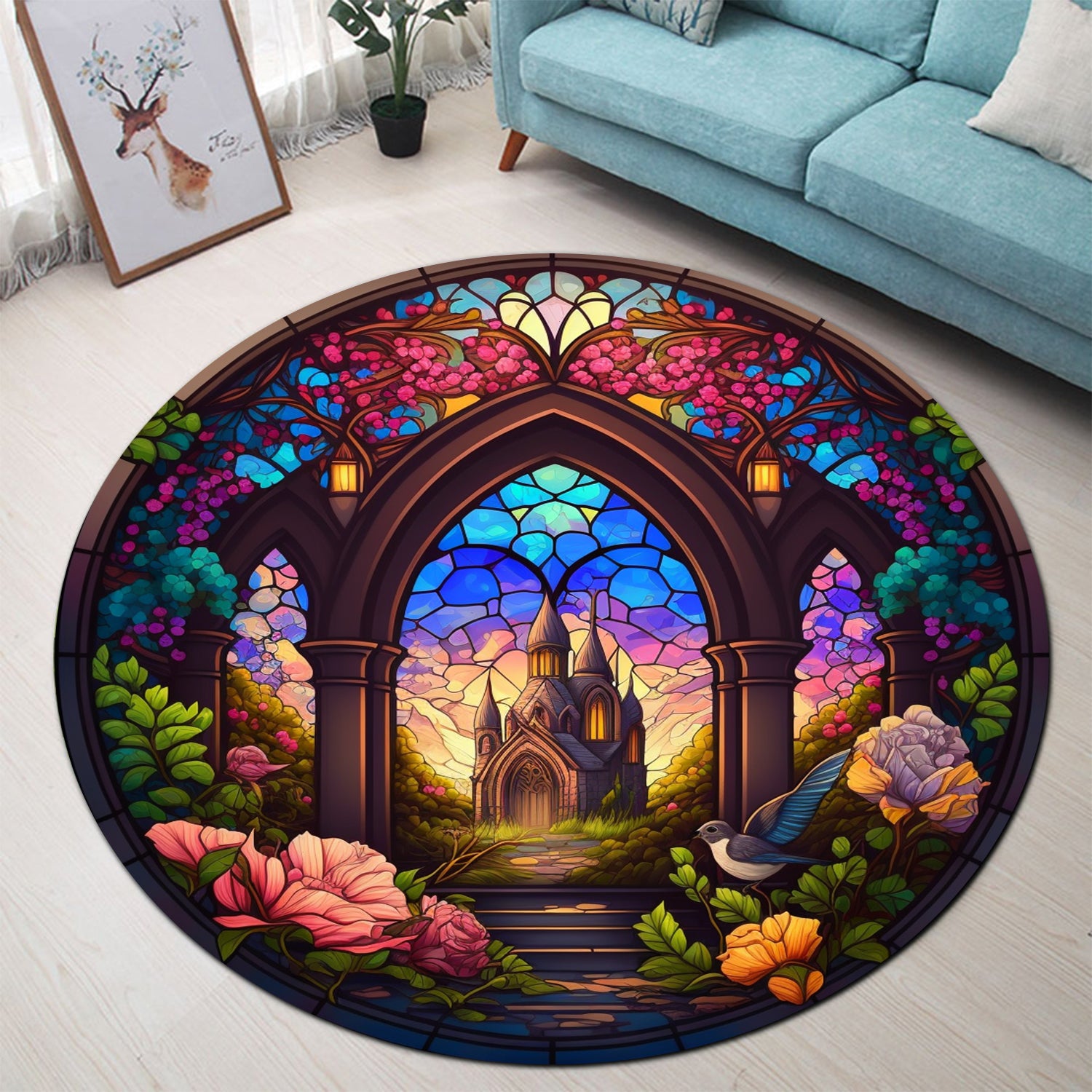 Stained Glass Round Rug for Bedroom Living Room Home Decor