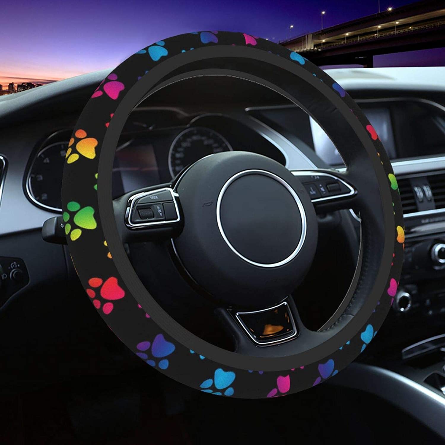 Colorful Dog Paw Design Premium Steering Wheel Cover for Cars 7229
