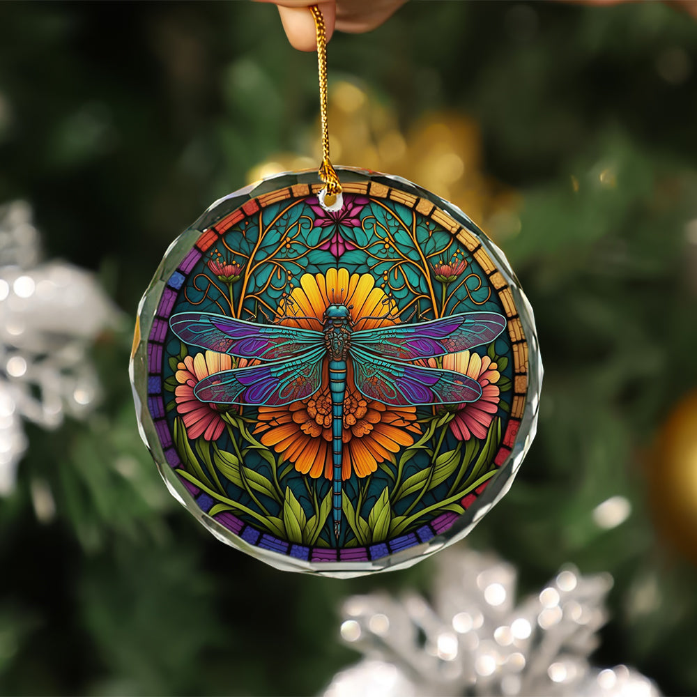 Colorful Dragonfly and Flowers Stained Glass Ornament for Christmas