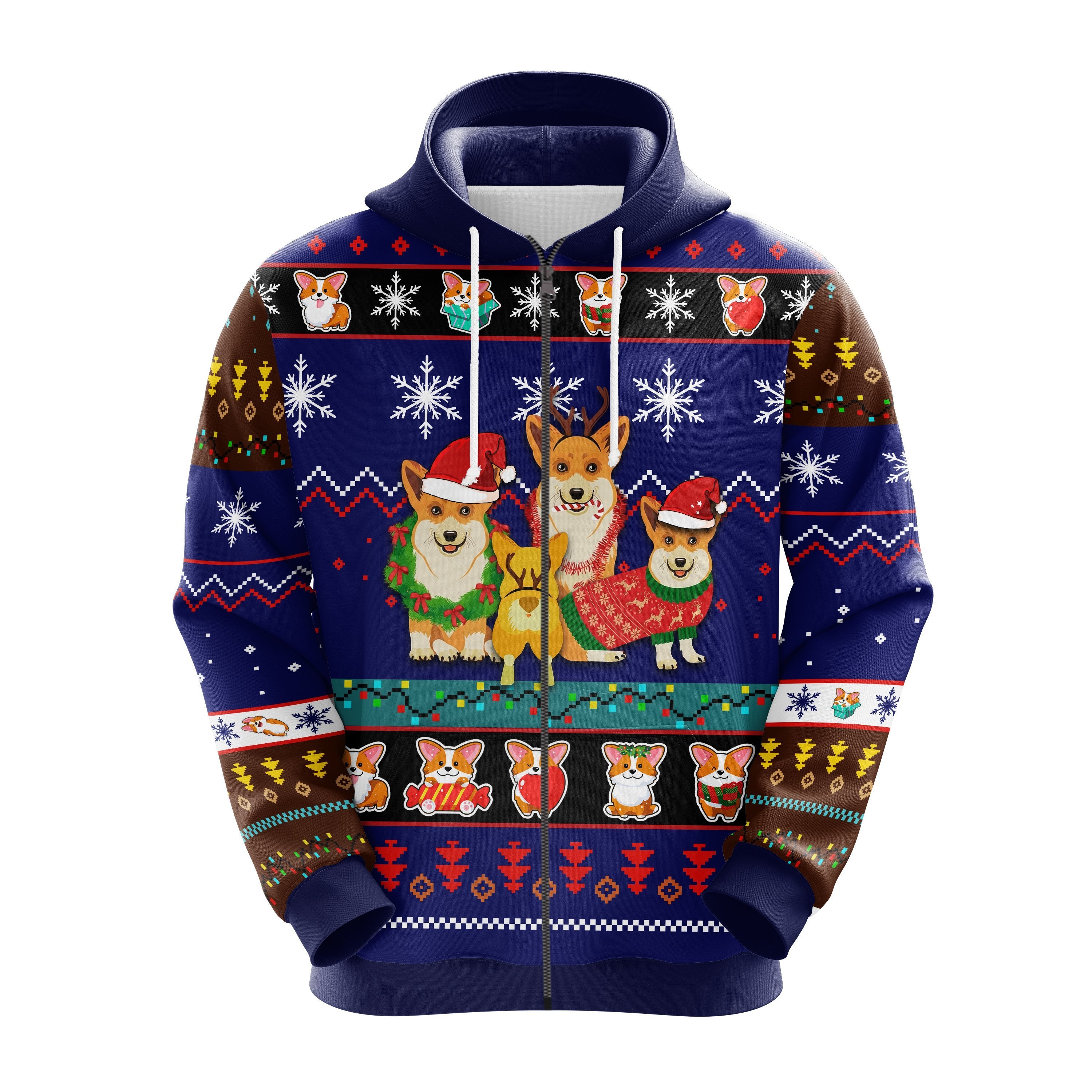 Cute Corgi Noel Mc Ugly Zip Hoodie - Perfect Thanksgiving Gift