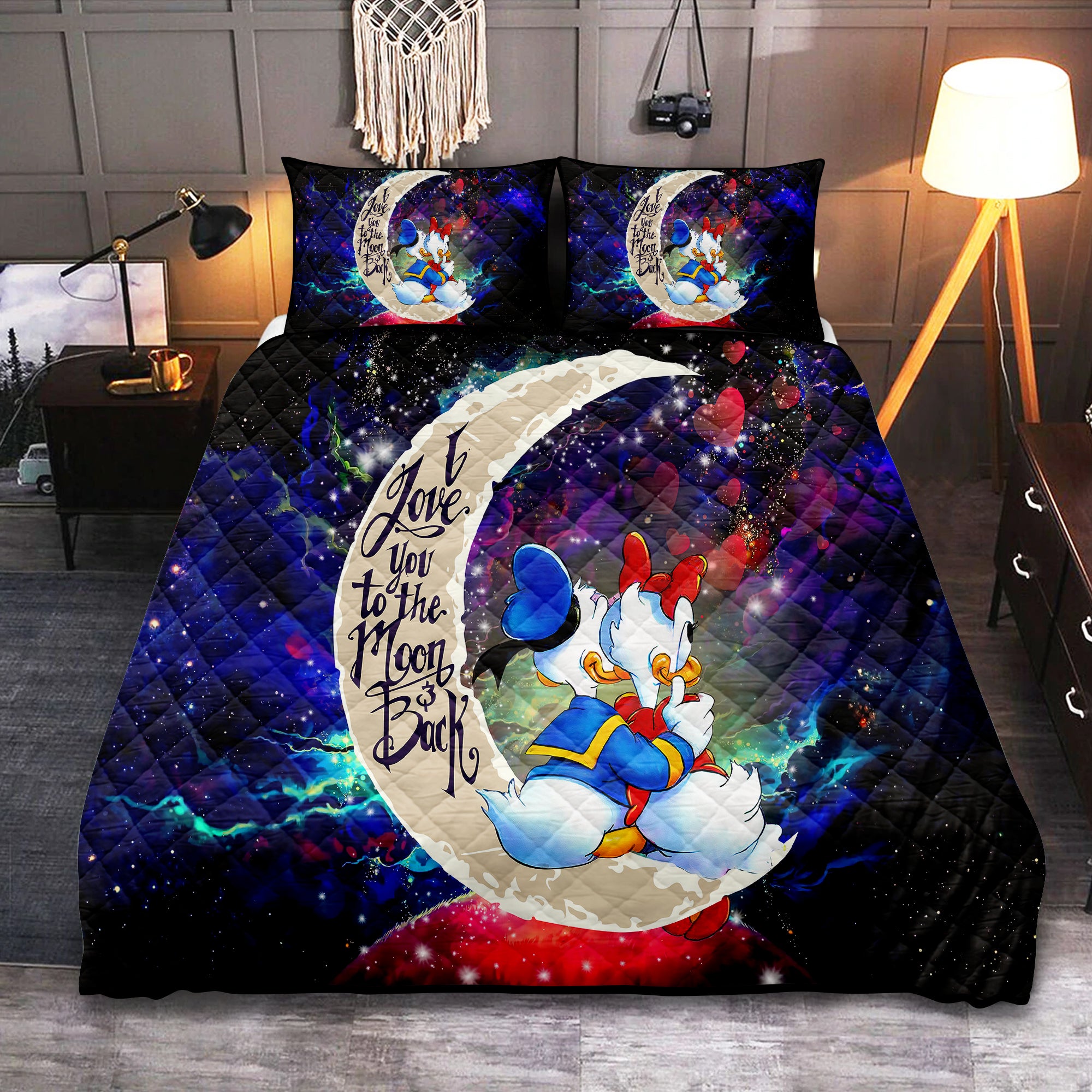 Couple Duck Love You To The Moon Galaxy Quilt Bed Set