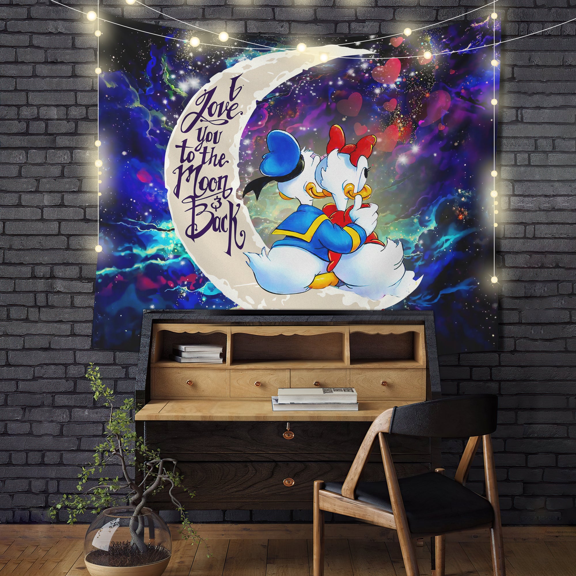 Cute Duck Couple Love You To The Moon Galaxy Tapestry Decor