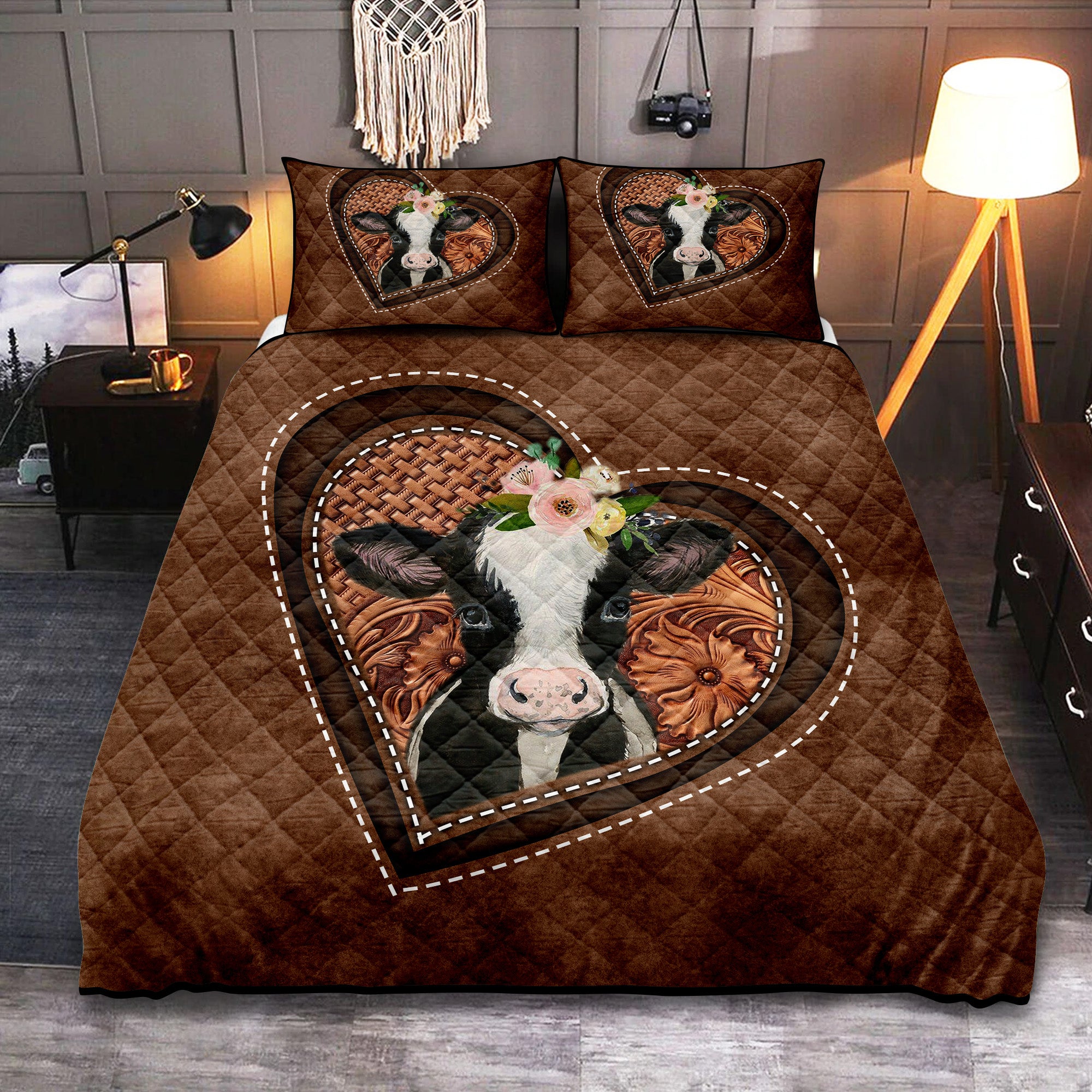 Cow Heart Floral Quilt Bed Set for Cozy Farmhouse Decor