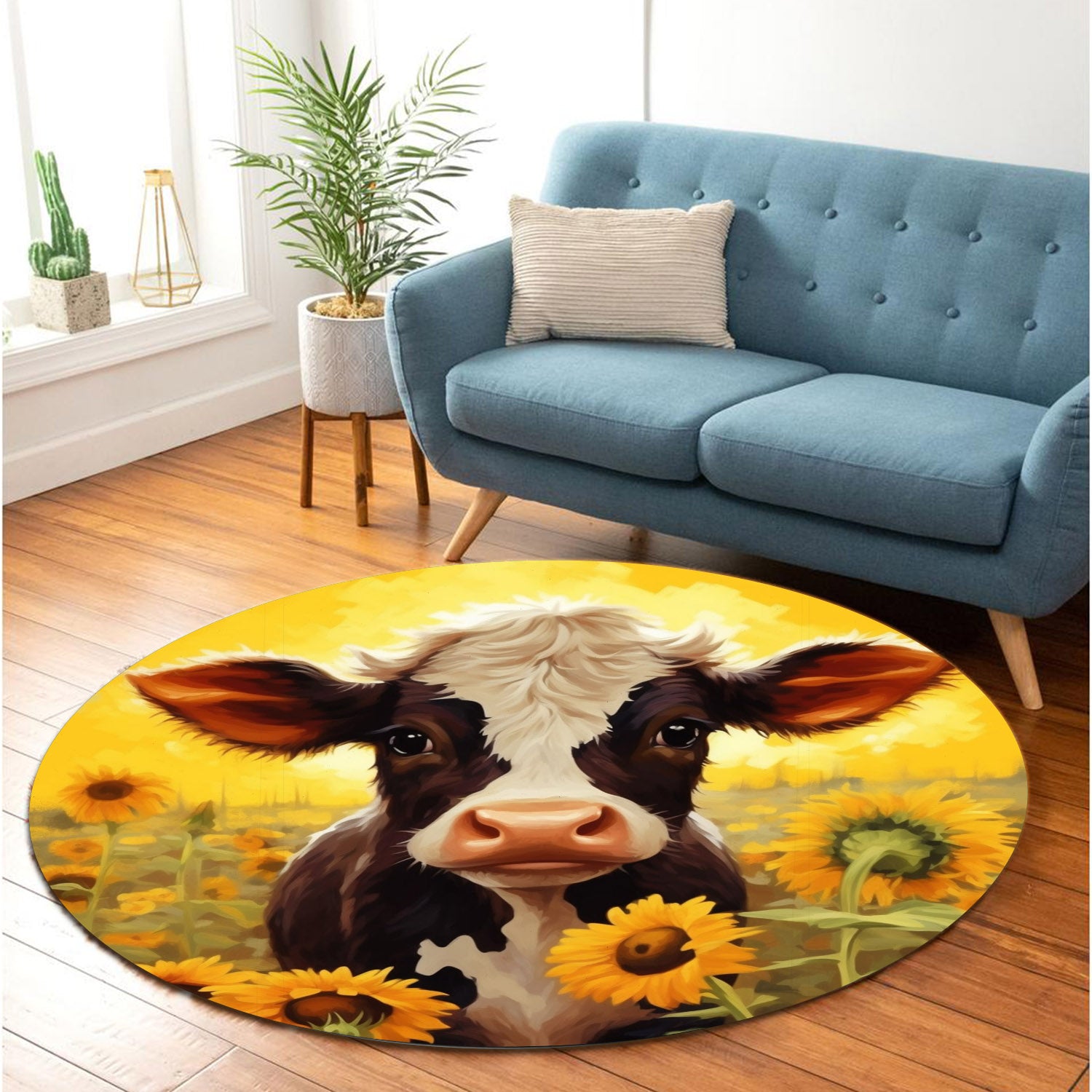 Cow Sunflower Rug for Bedroom and Living Room Home Decor Round Carpet