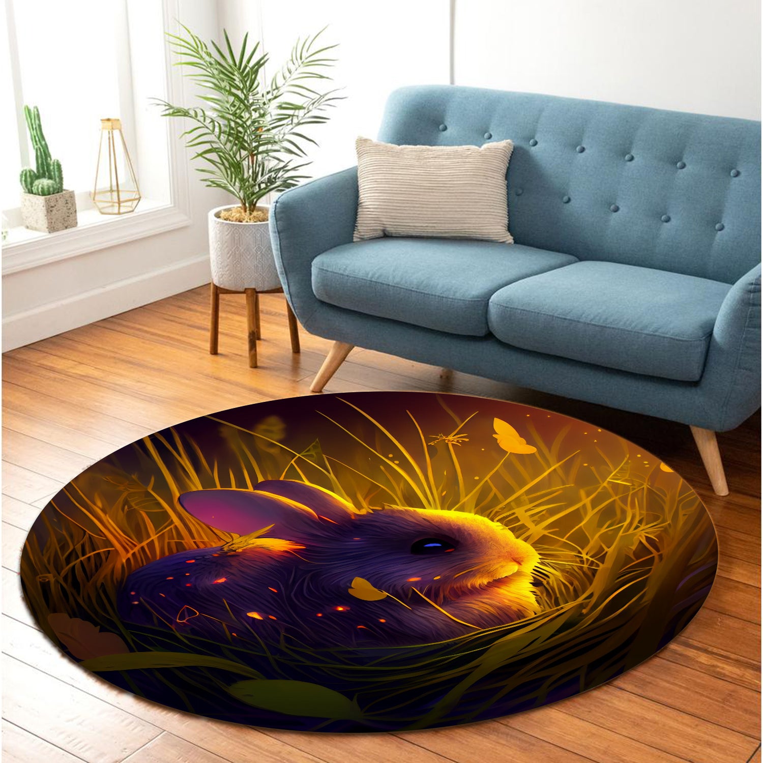 Cute Rabbit Round Carpet Rug for Bedroom Living Room Home Decor