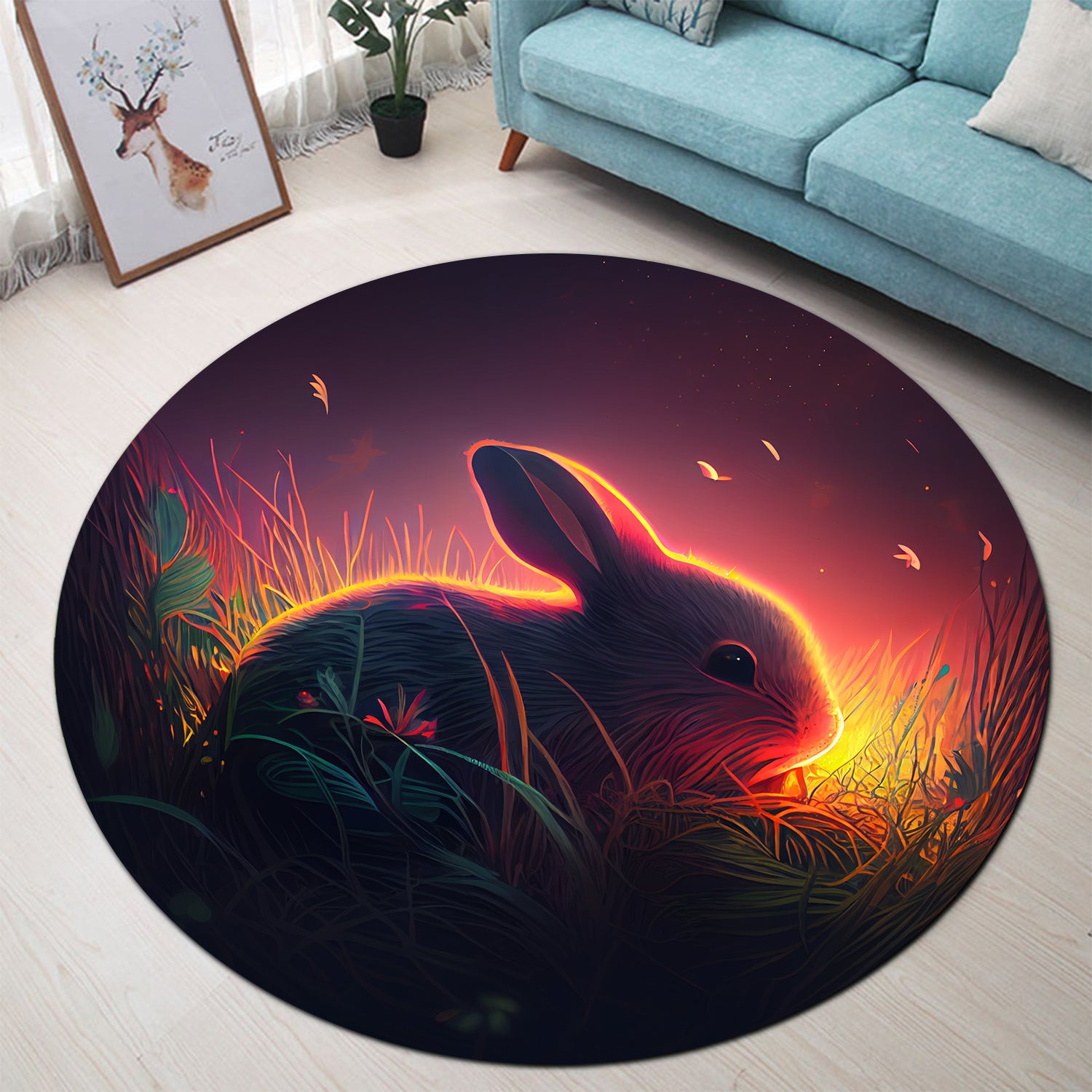 Cute Abbit Round Carpet Rug for Bedroom Living Room Home Decor