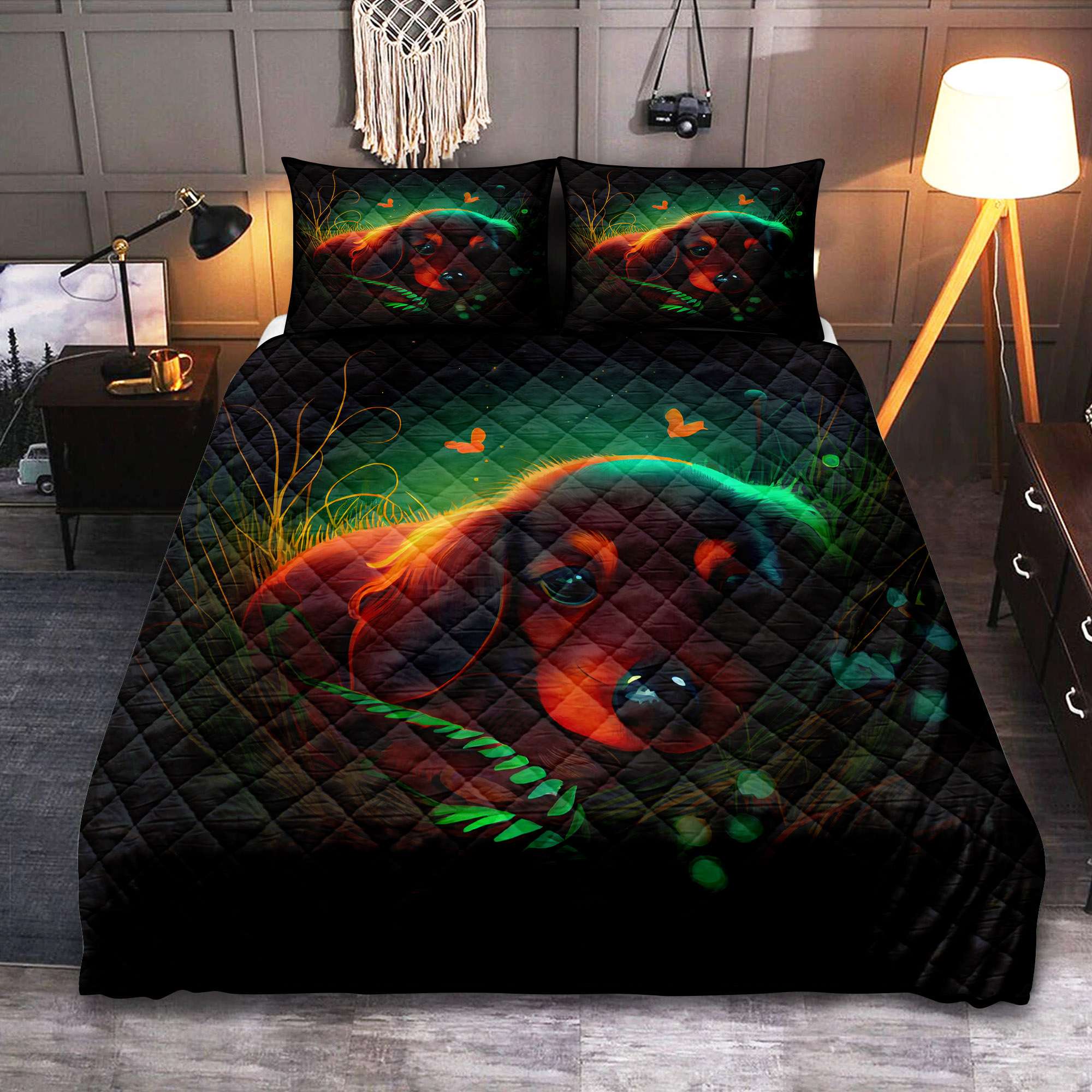 Cute Baby Dachshund Quilt Bed Sets for Pets in Grass Design