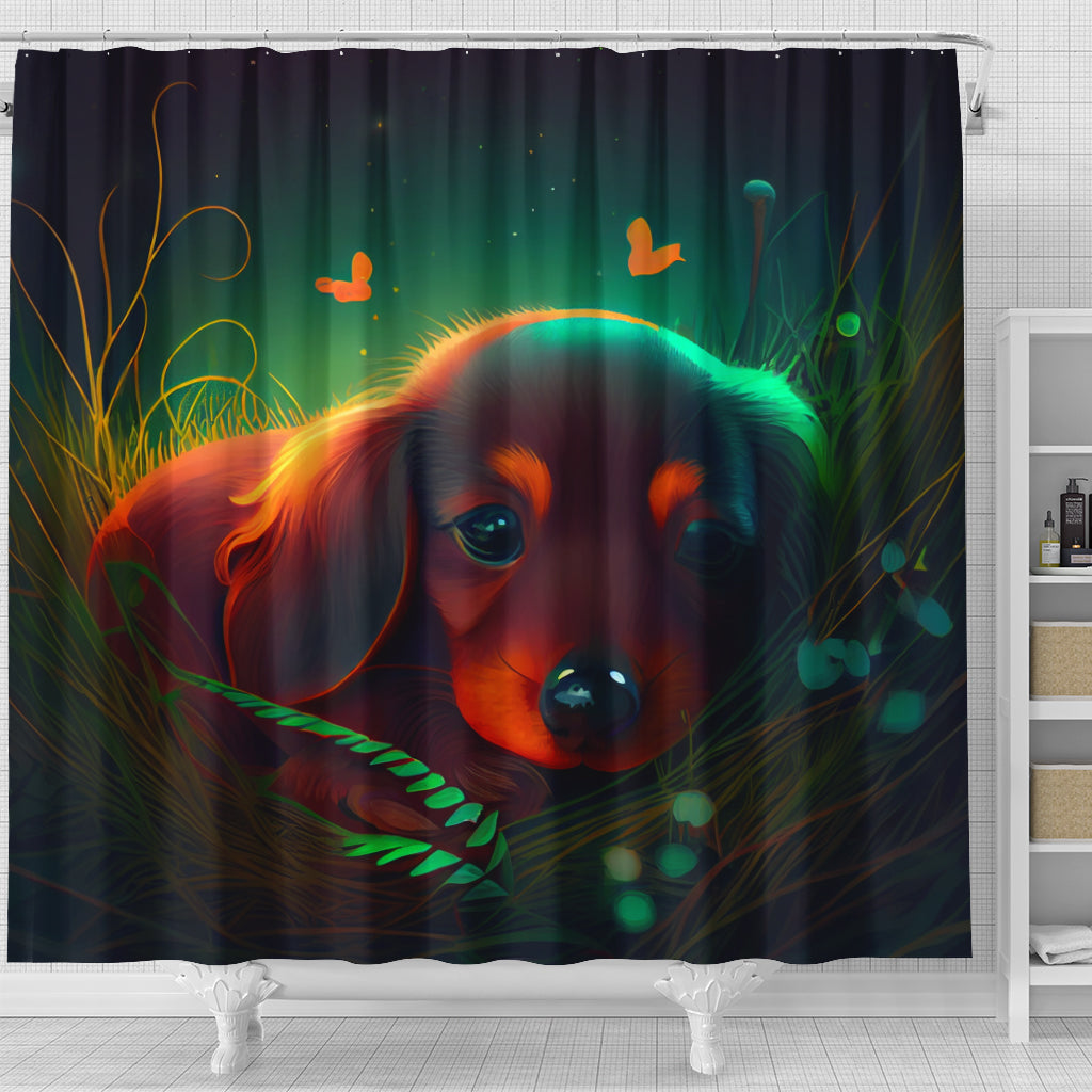 Cute Baby Dachshund in Grass Design Shower Curtain