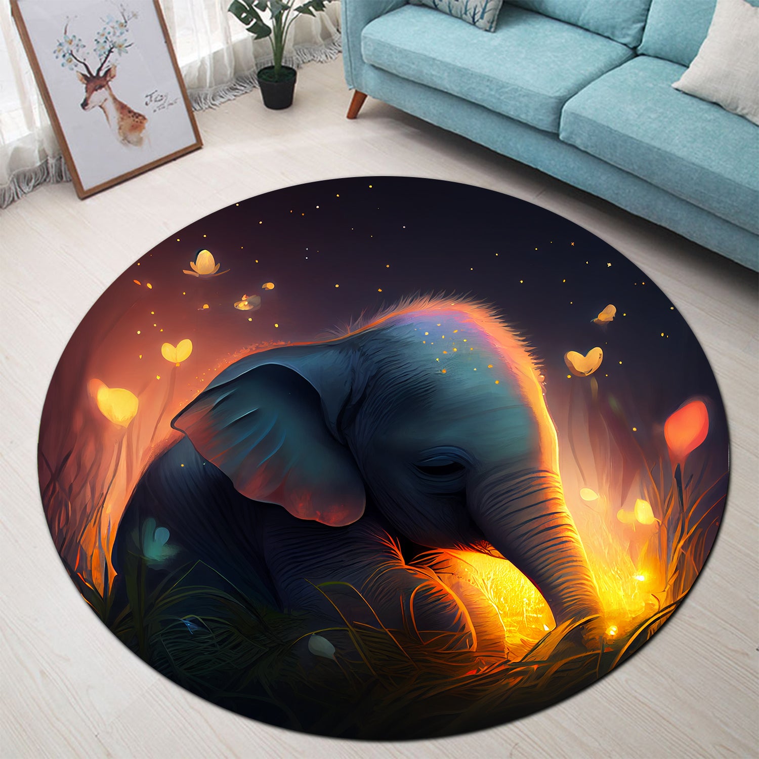 Adorable Baby Elephant Round Carpet Rug for Bedroom Living Room Decor