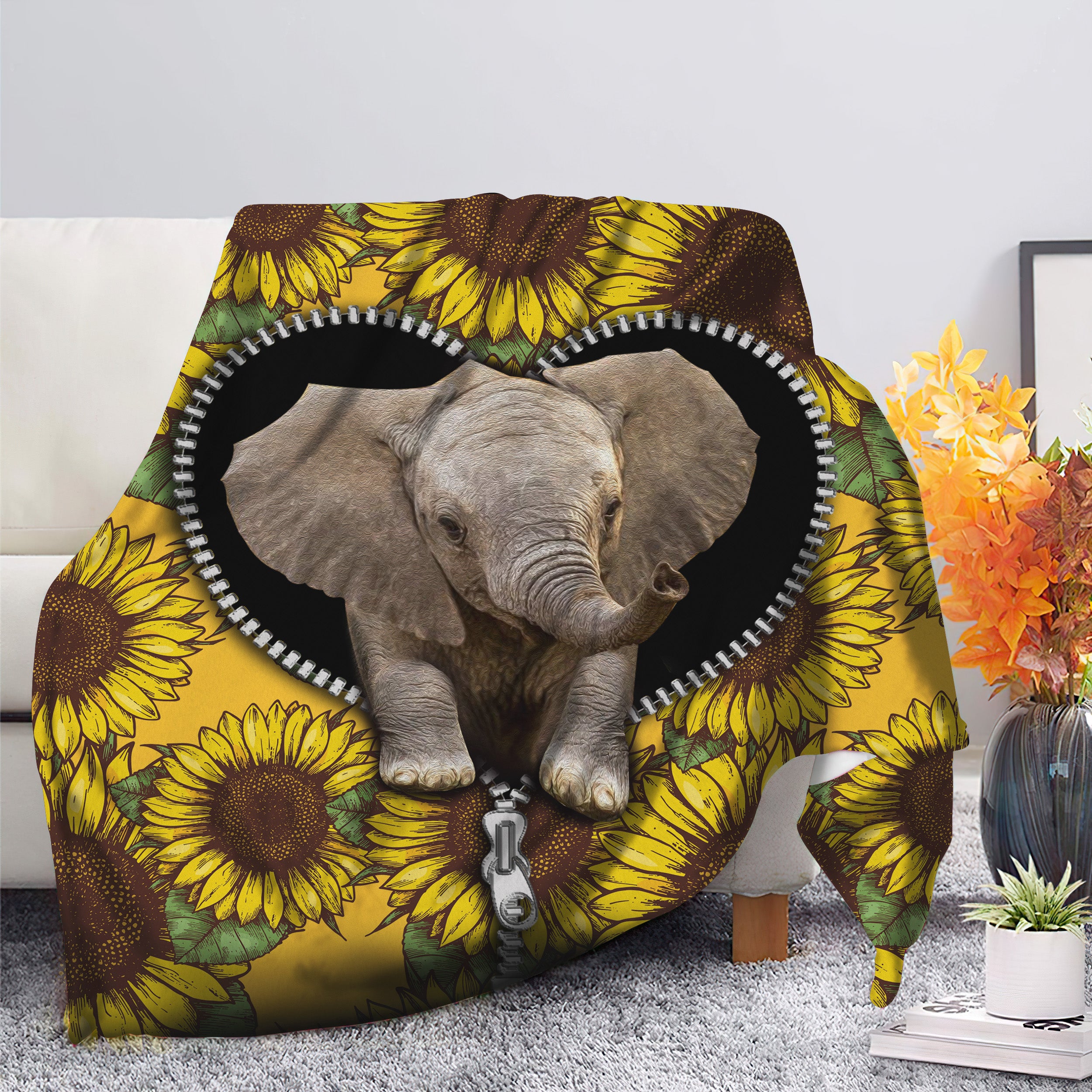 Cute Baby Elephant Sunflower Design Premium Zipper Blanket