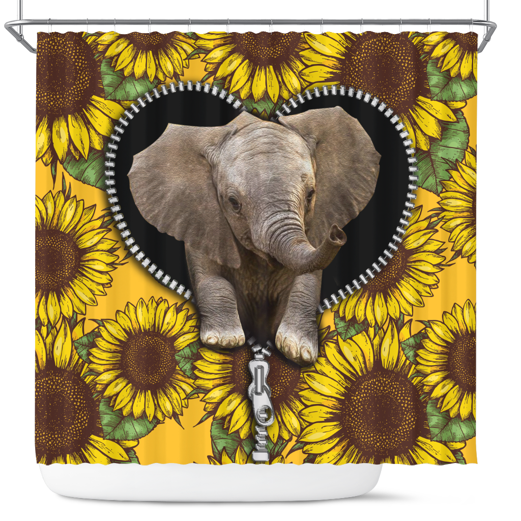 Cute Baby Elephant Sunflower Design for Zipper Shower Curtain