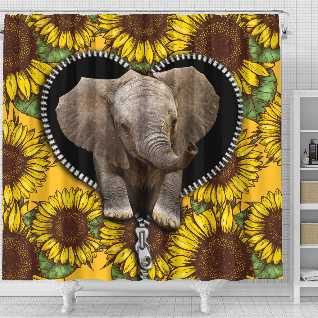 Cute Baby Elephant Sunflower Design for Zipper Shower Curtain